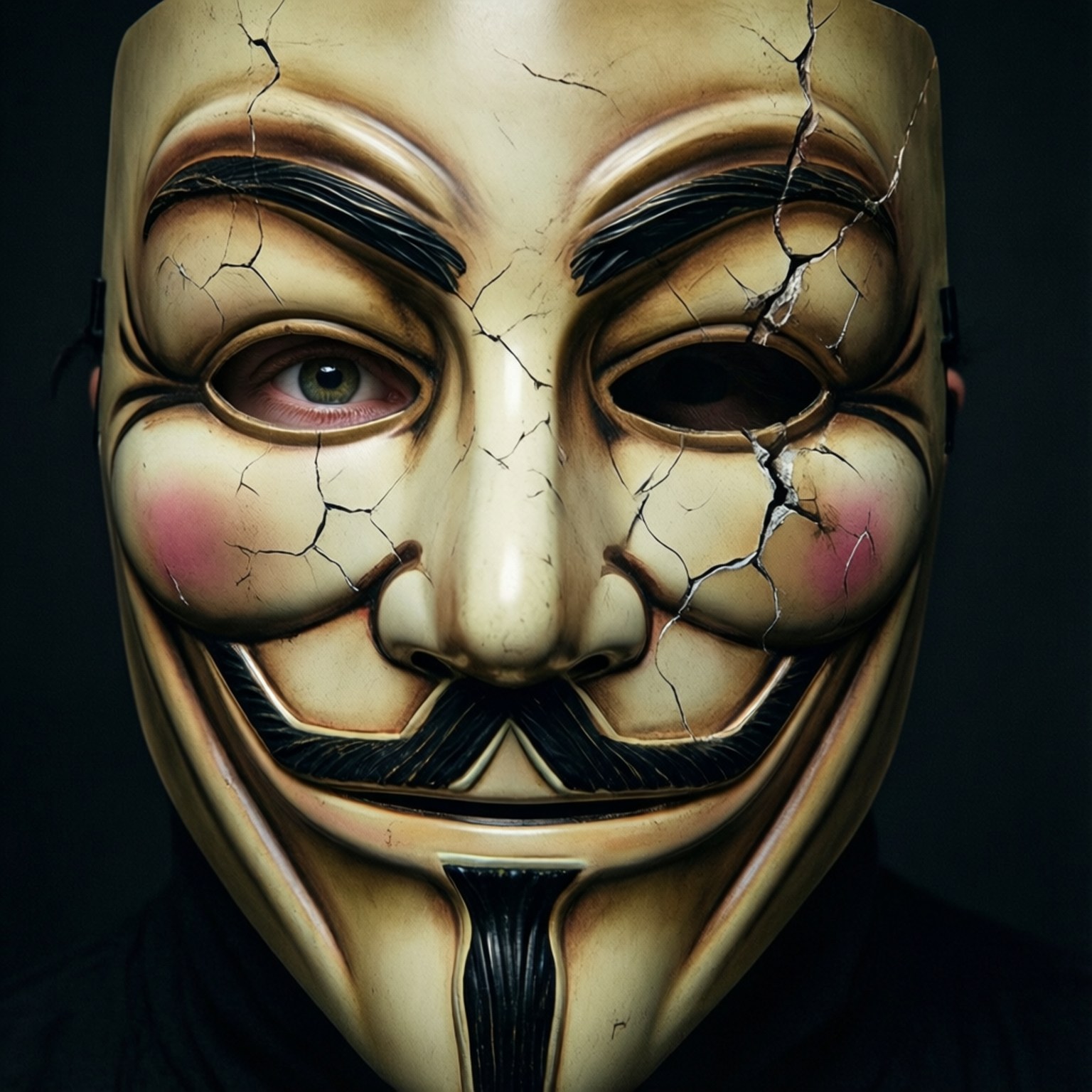 一個裂開的米色 Guy Fawkes 面具，一隻眼睛可見，臉頰紅潤。