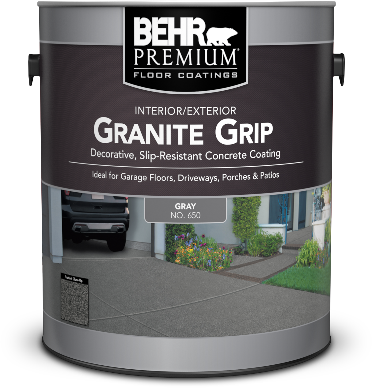 Behr Premium Granite Grip 混凝土塗料 壁紙 — 一罐Behr Premium Granite Grip灰色混凝土塗料，顯示一條車道，停著一輛車和色彩繽紛的花園。
