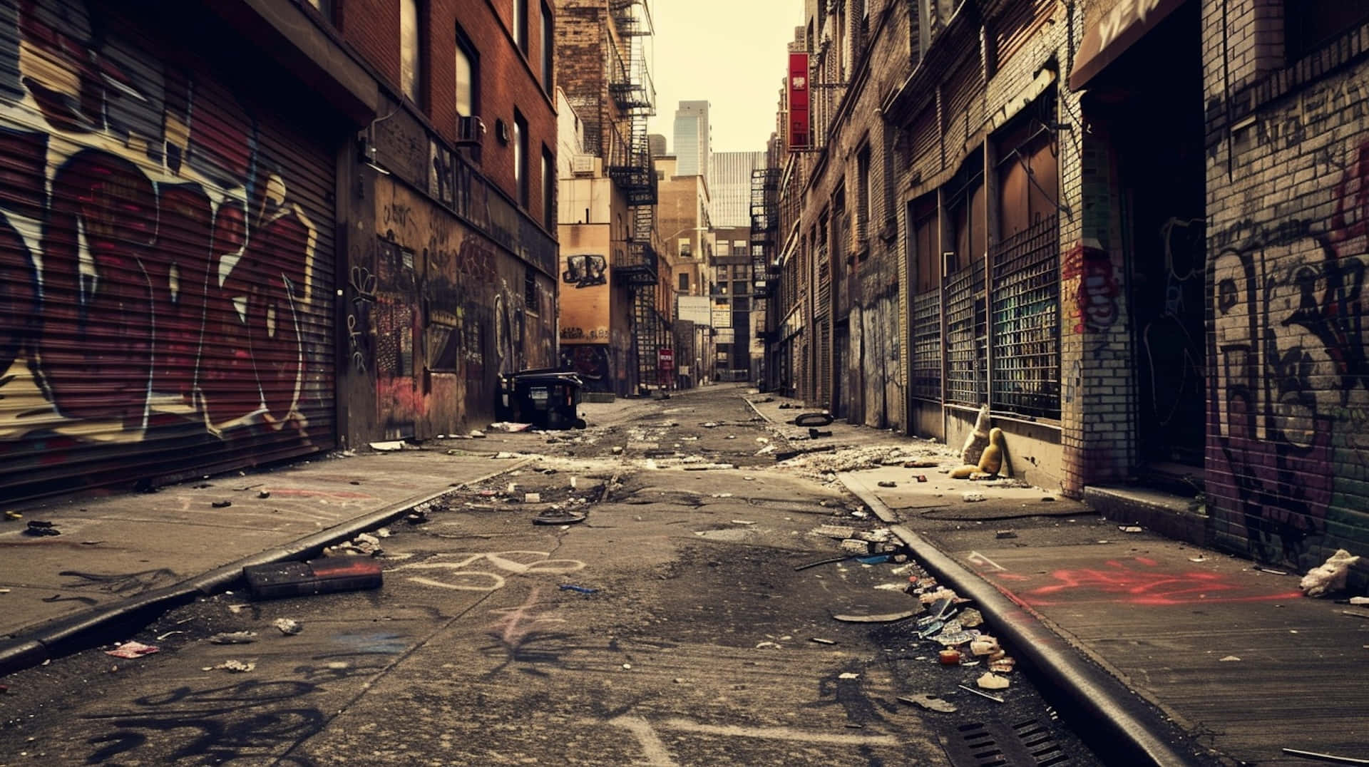 壁紙 — 被遺棄的城市小巷，牆上佈滿塗鴉，人行道上散落垃圾，遠處摩天大樓在朦朧日光下。