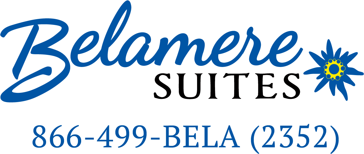 Belamere Suites酒店標誌 壁紙 — 藍色草書 Belamere 標誌，帶有雛菊圖標和電話號碼，背景為黑色。