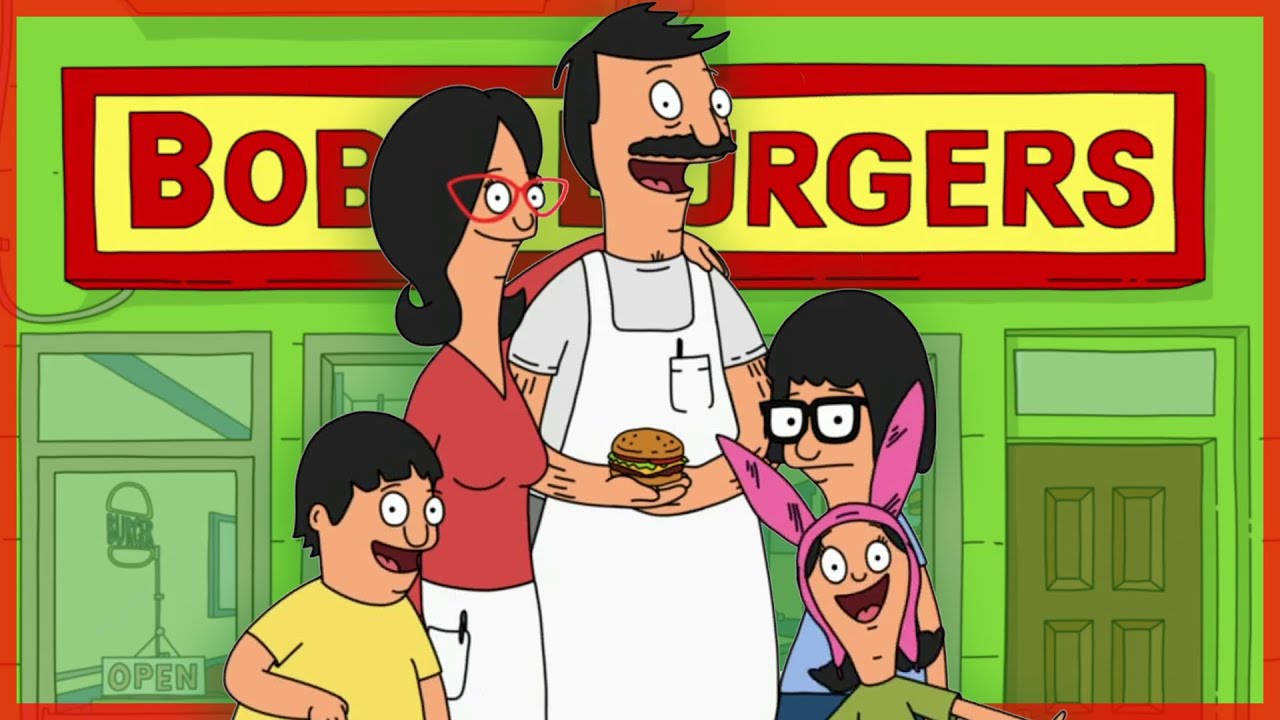 Bob's Burgers 一家在餐廳前微笑。