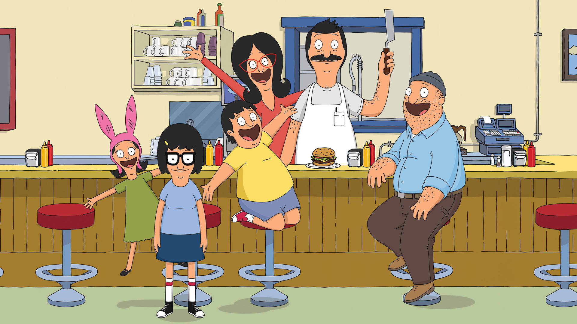 Bob's Burgers 一家在餐廳裡一起大笑。