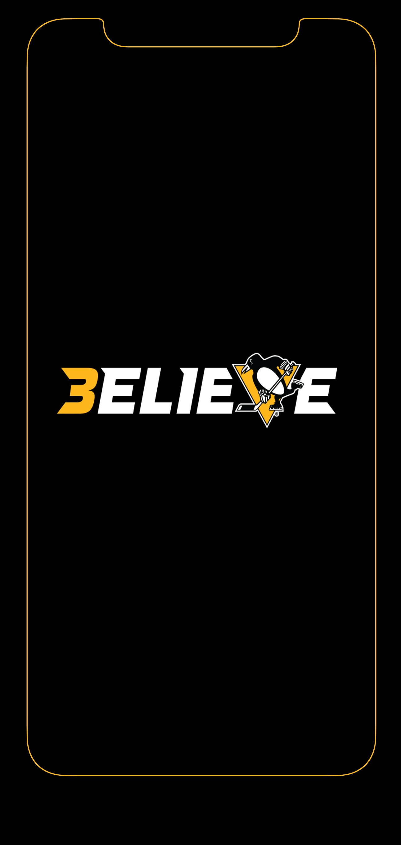 匹茲堡企鵝隊 Believe 標誌 壁紙 — 黑色手機螢幕帶金色邊框，中央顯示「BELIEVE」文字和匹茲堡企鵝隊標誌。