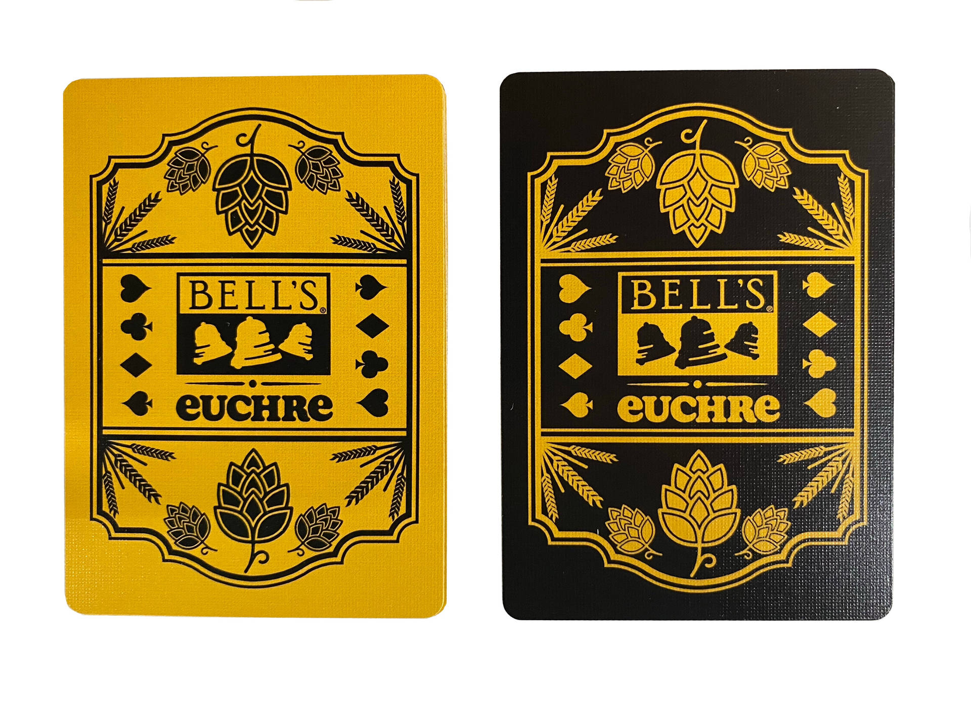 Bell's Euchre啤牌，帶有黃色和黑色的啤酒花和小麥設計。