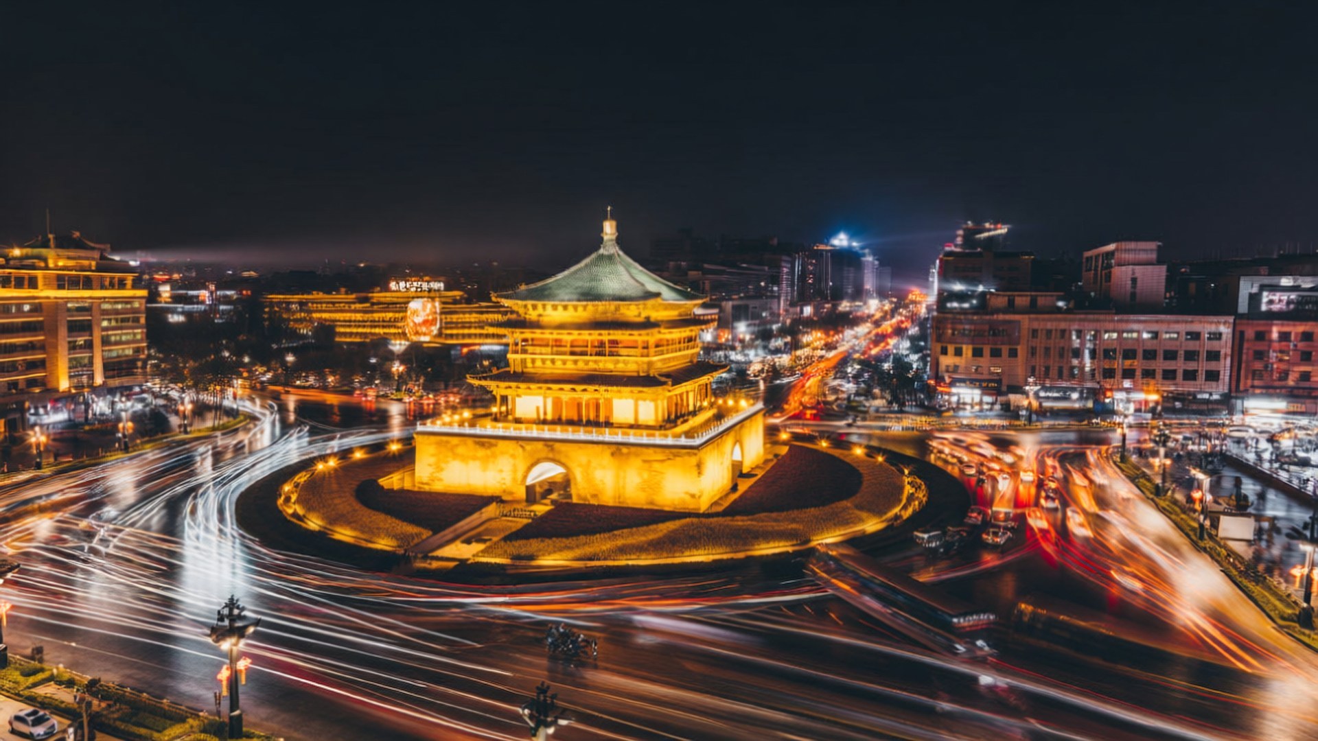 一座歷史悠久的塔樓在夜間被點亮，周圍是繁忙的交通痕跡。