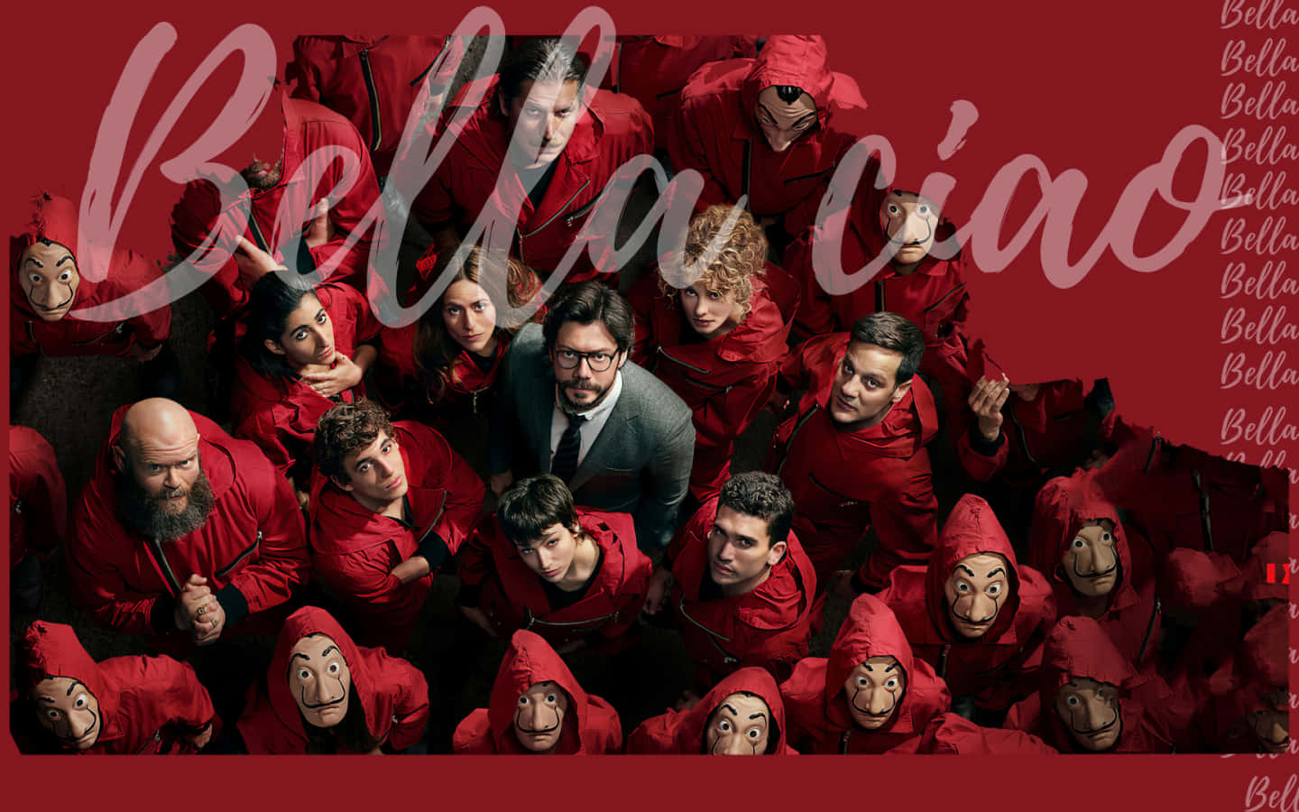 《紙房子》Bella Ciao海報 壁紙 — 一個高角度拍攝，一名身穿西裝的男子被一群穿著紅色連身衣、戴著達利面具的人包圍，背景為深紅色，並帶有「Bella ciao」字樣。