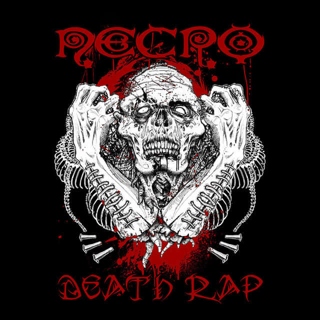 Belligerent Necro Death Rap 壁紙 — 一個尖叫頭骨的圖形插圖，骷髏手抓住它的頭部，黑色背景上有紅色滴落的文字。