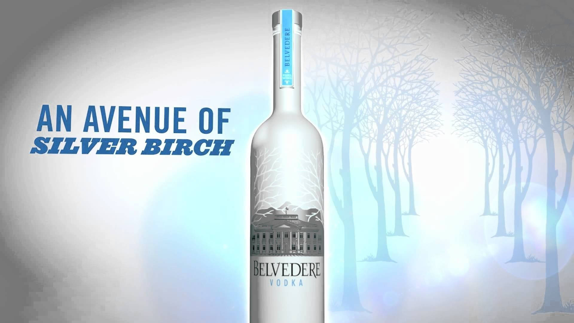 Belvedere伏特加與銀白樺林道 壁紙 — 一個光滑的銀色伏特加酒瓶，標有Belvedere，立在柔和的藍色背景上，帶有白樺樹剪影和文字「An Avenue of Silver Birch」。