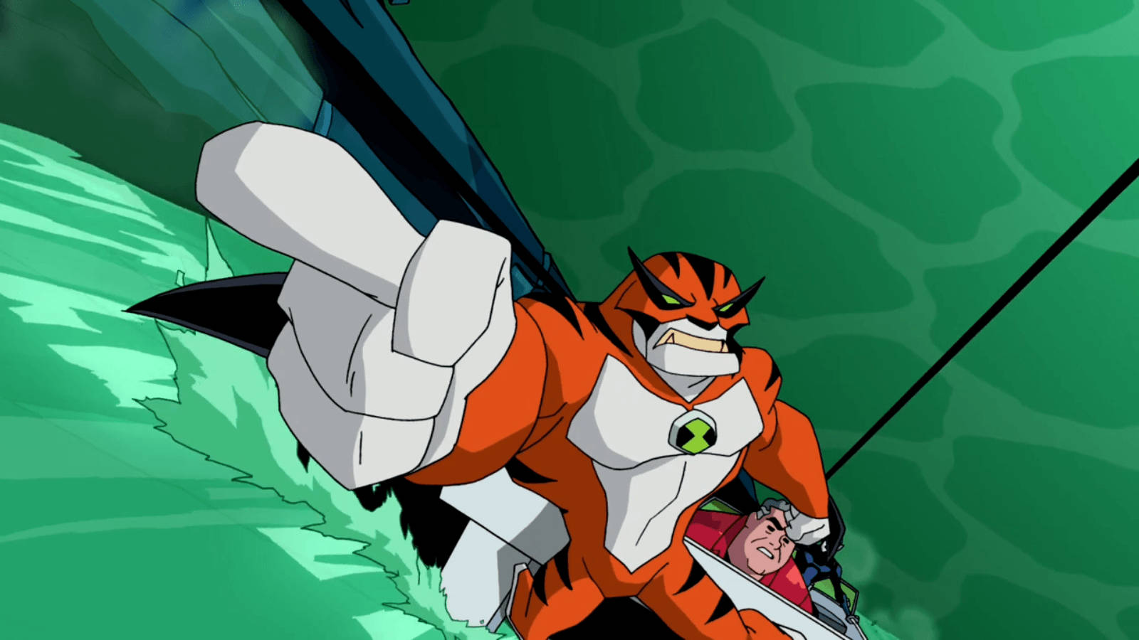 《Ben 10》拉特 壁紙 — 一個橙色和白色的動畫超級英雄，帶有老虎條紋和綠色標誌，在旋轉的綠色背景前指向前面。