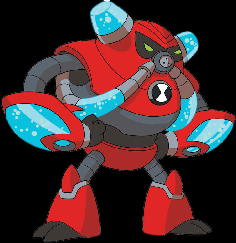 Ben 10 外星力量：加農砲 壁紙 — 一個紅色和藍色的裝甲機器人，有著發光的綠色眼睛和充滿泡泡的四肢，擺出威脅的姿勢。