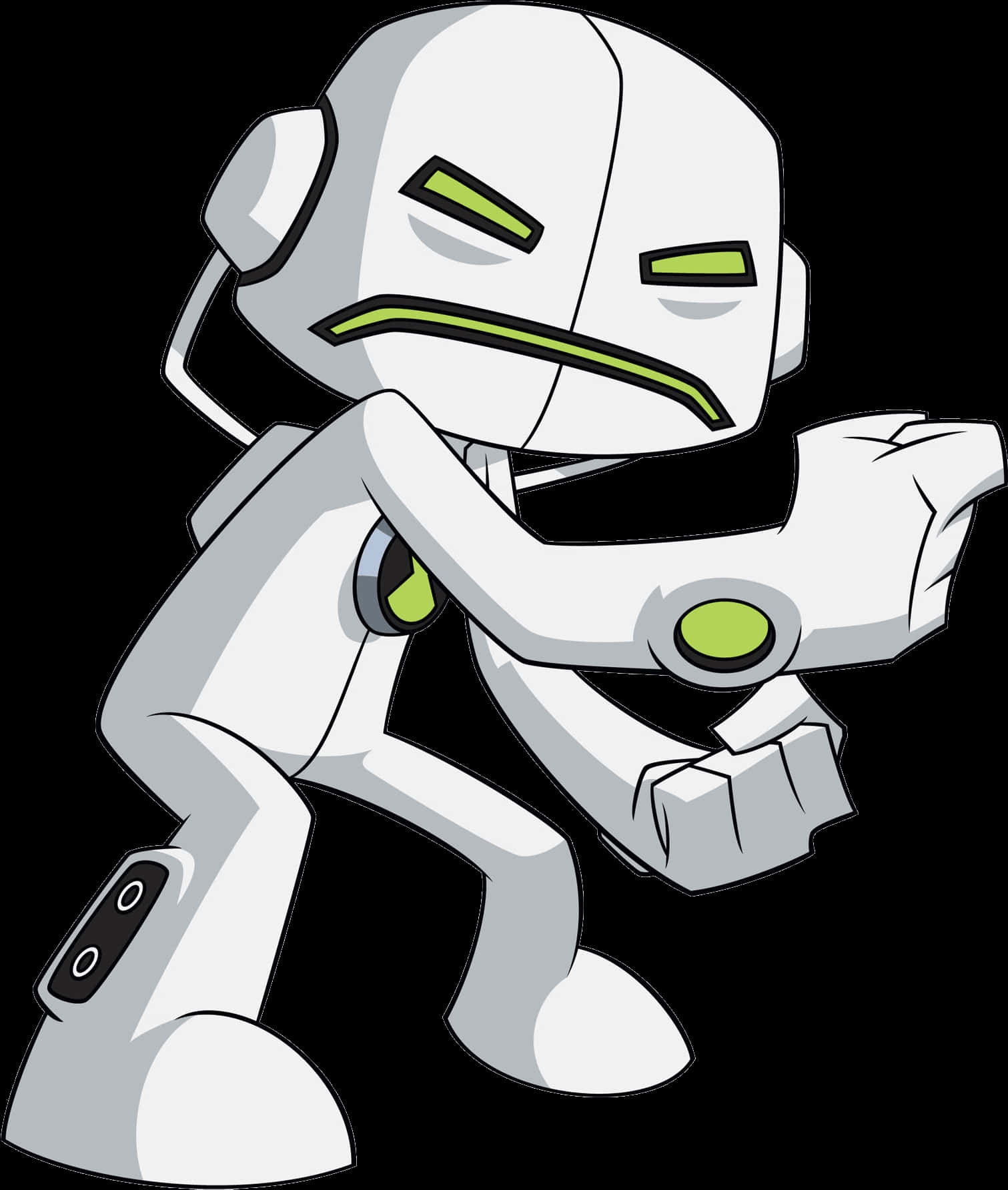 Ben 10 外星力量：升級 壁紙 — 一個白色卡通機械人，有綠色眼睛和綠色裝飾，在黑色背景前擺出動態姿勢。