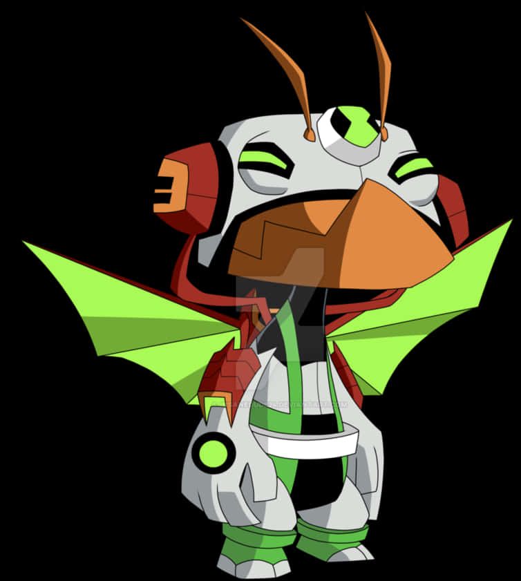Ben 10 角色 Stinkfly 繪圖 壁紙 — 一個風格化的卡通外星人，擁有綠色翅膀和發光的眼睛，站在黑色背景前。