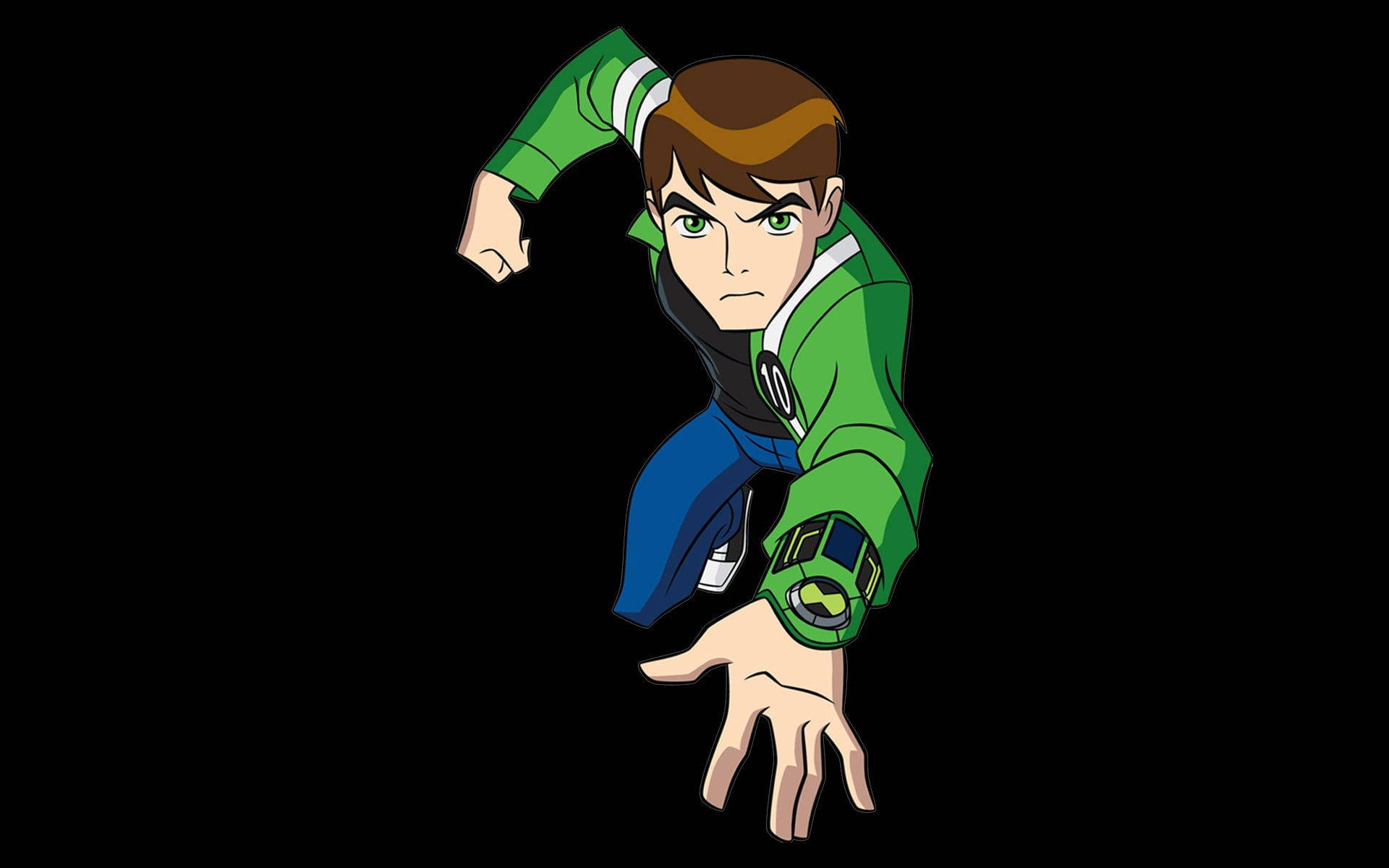 《Ben 10》卡通頻道角色 壁紙 — 一個動態的動漫角色，身穿綠色外套和藍色褲子，在黑色背景前蹲伏於動作中。