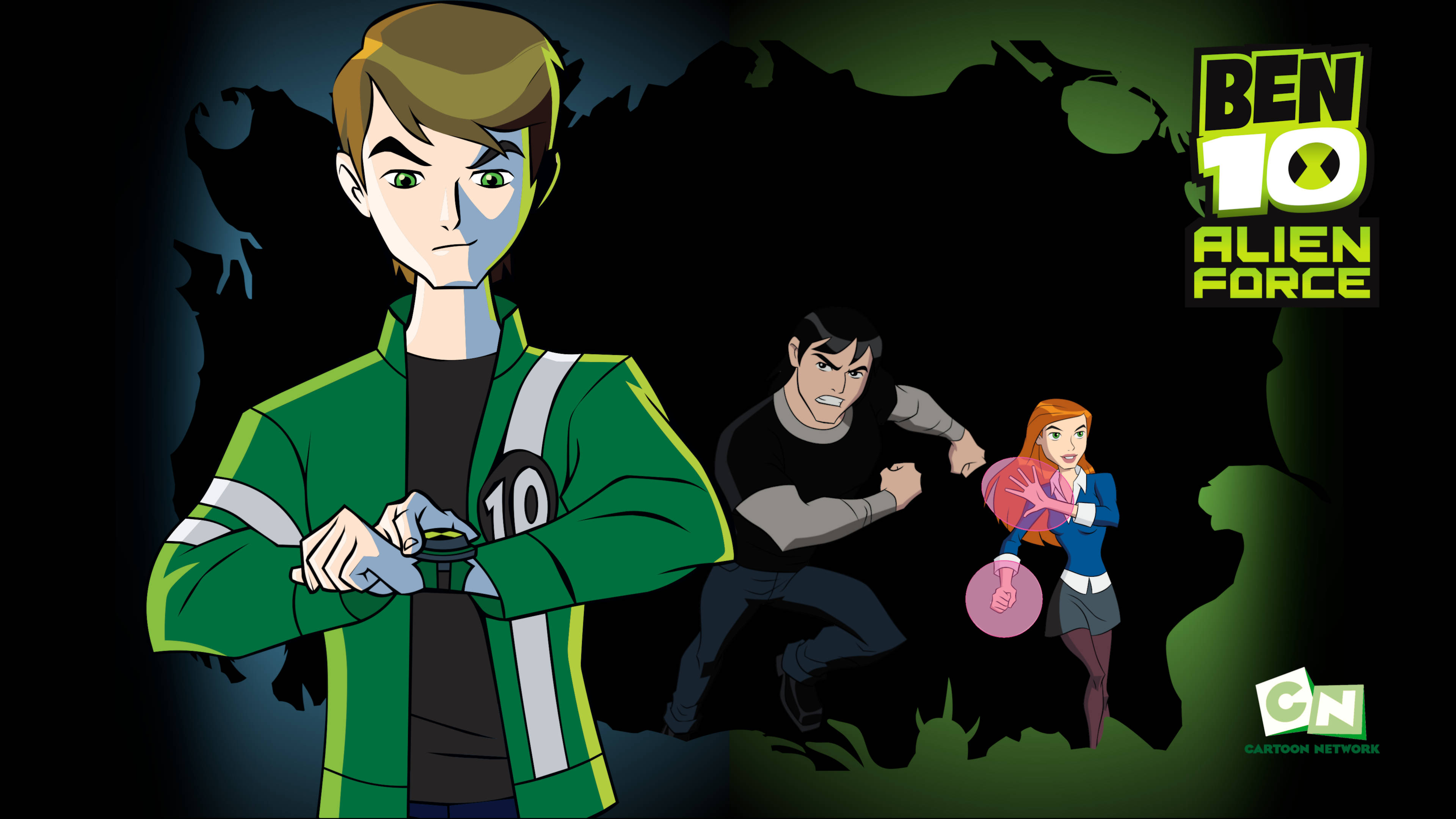 Ben 10 Omnitrix 桌布 壁紙 — Ben 10 外星英雄角色在黑暗剪影背景下準備就緒，帶有發光的綠色點綴。