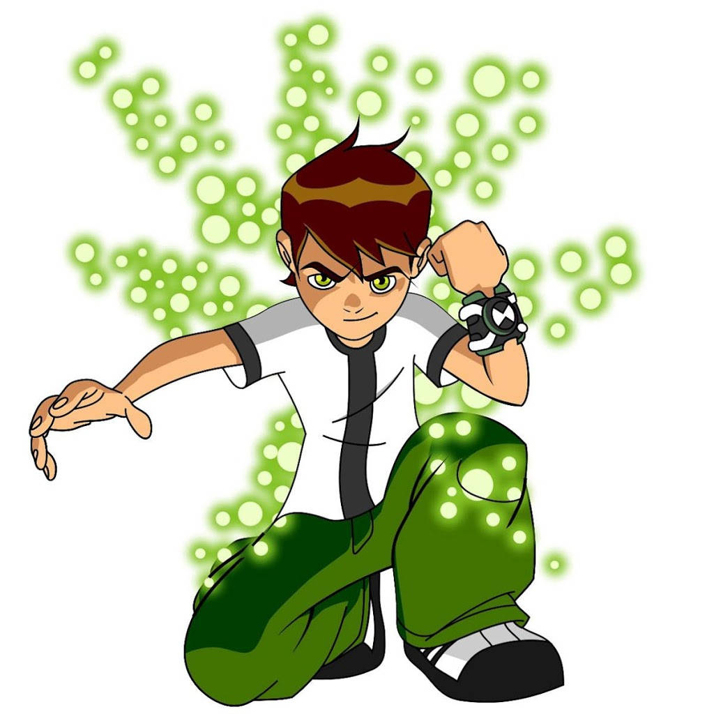動漫男孩蹲下，周圍有發光的綠色能量粒子。