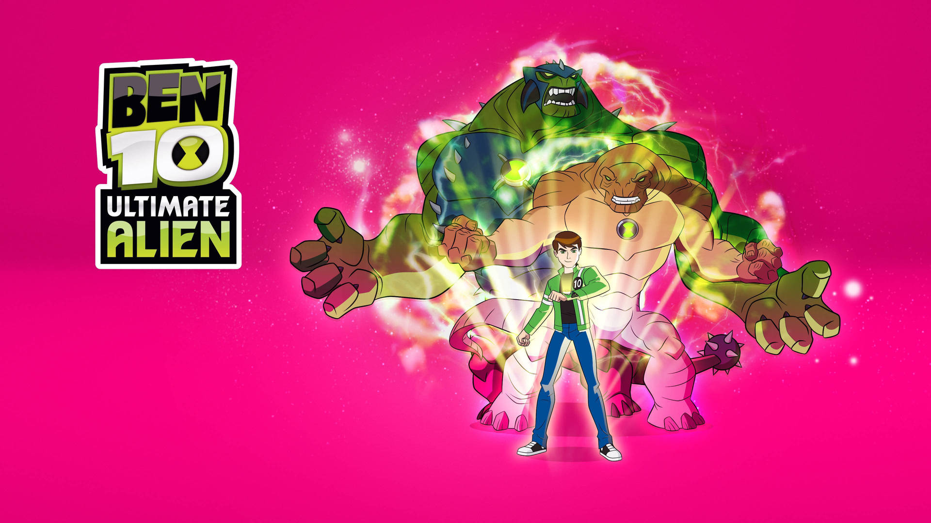 Ben 10 Ultimate Alien 英雄與兩個巨型外星人形態在粉紅色背景上發光。