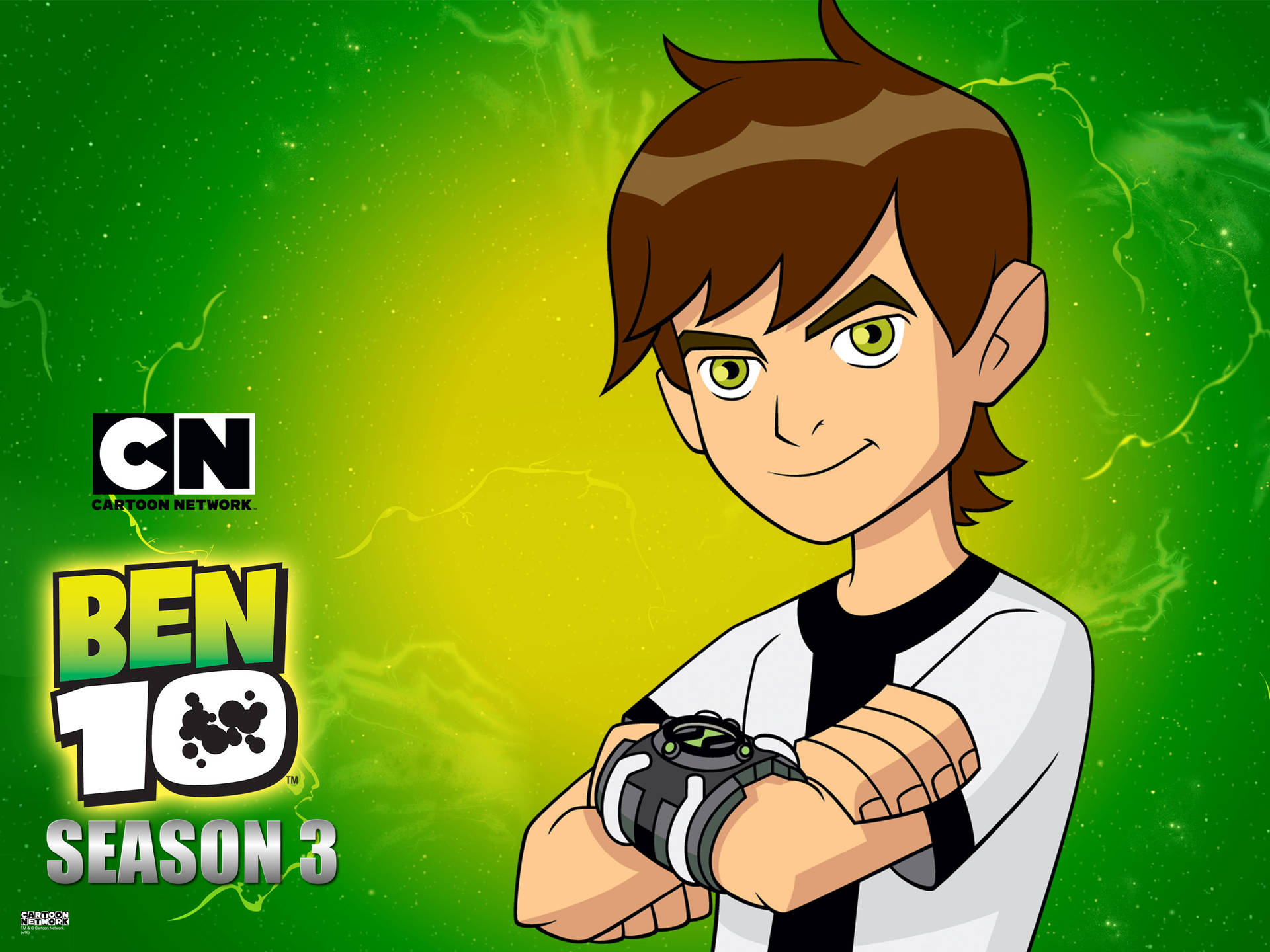 卡通網絡第三季的卡通角色Ben 10，帶有發光的綠色背景。