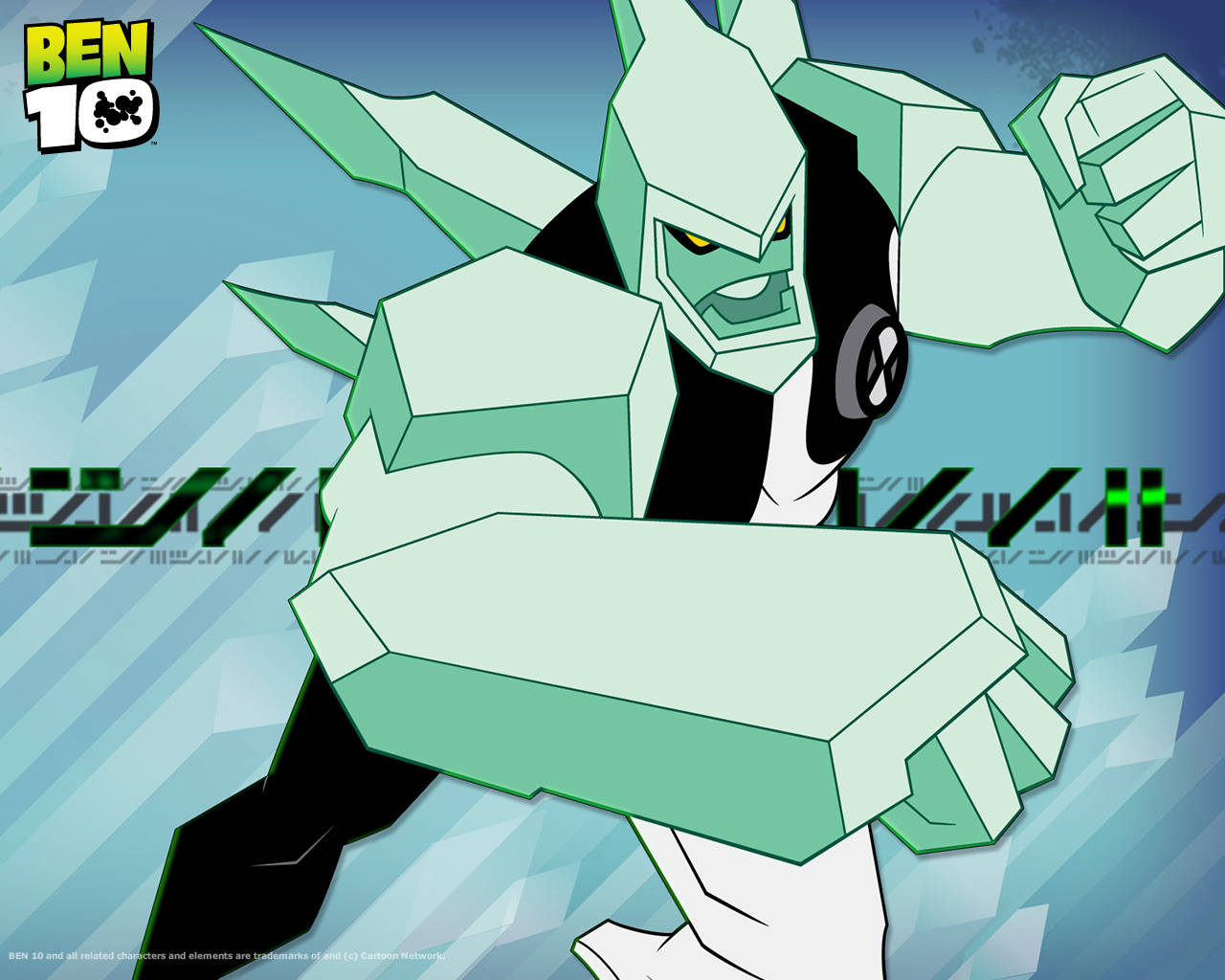 Ben 10中的綠色結晶外星人角色，擺出動作姿勢。