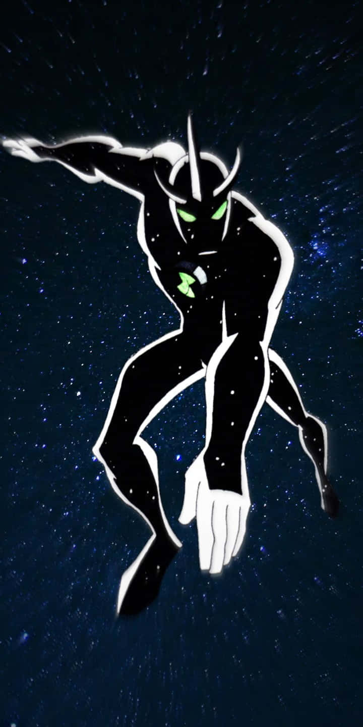 Ben 10展現他的力量 壁紙 — 一個黑色外星超級英雄，擁有發光的綠色眼睛和胸部標誌，在白色輪廓的星際宇宙虛空中飛馳。