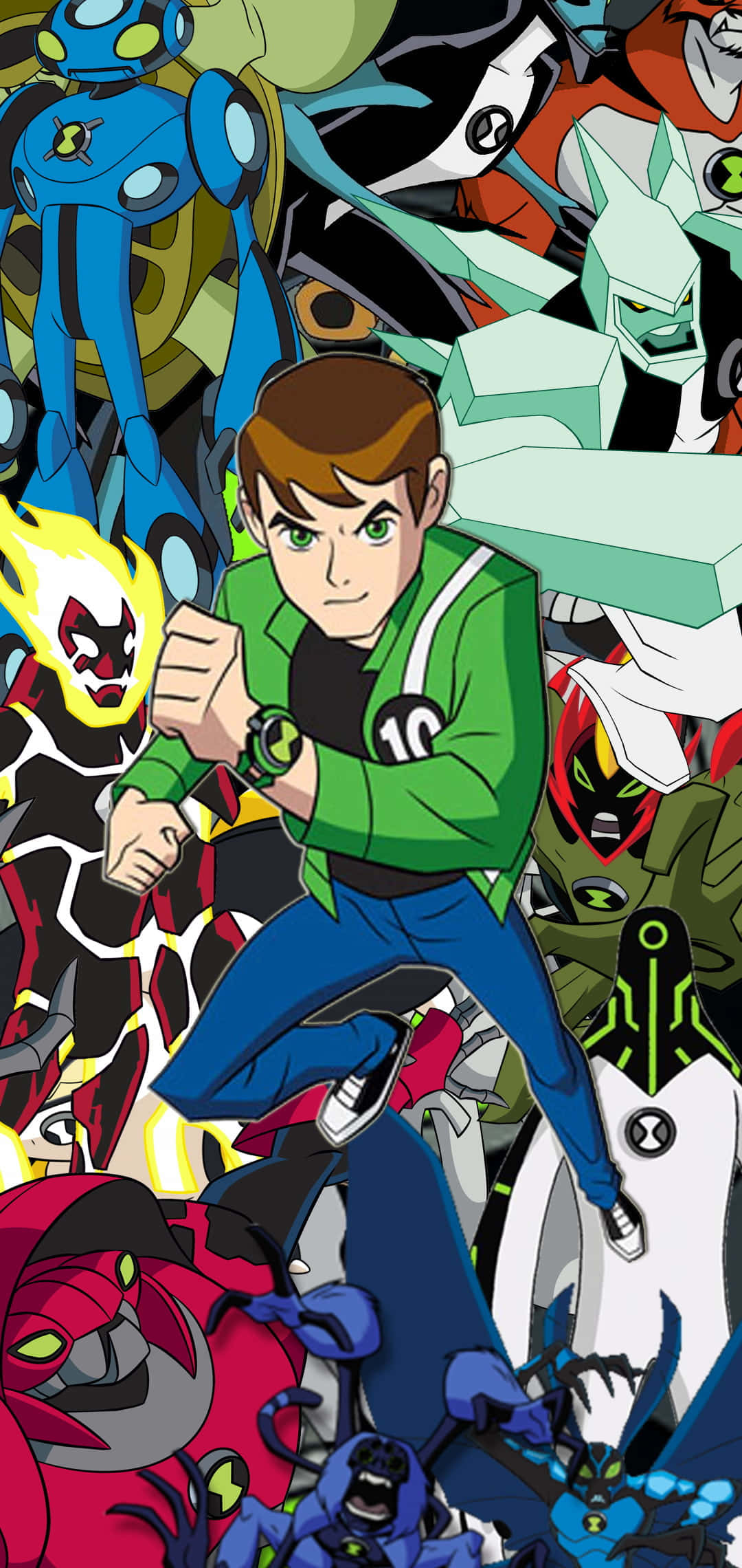 Ben 10展現勇氣與力量 壁紙 — 青少年超級英雄 Ben Tennyson 身穿綠色外套，被色彩繽紛的外星人變身形態包圍，擺出動感十足的動作姿勢。