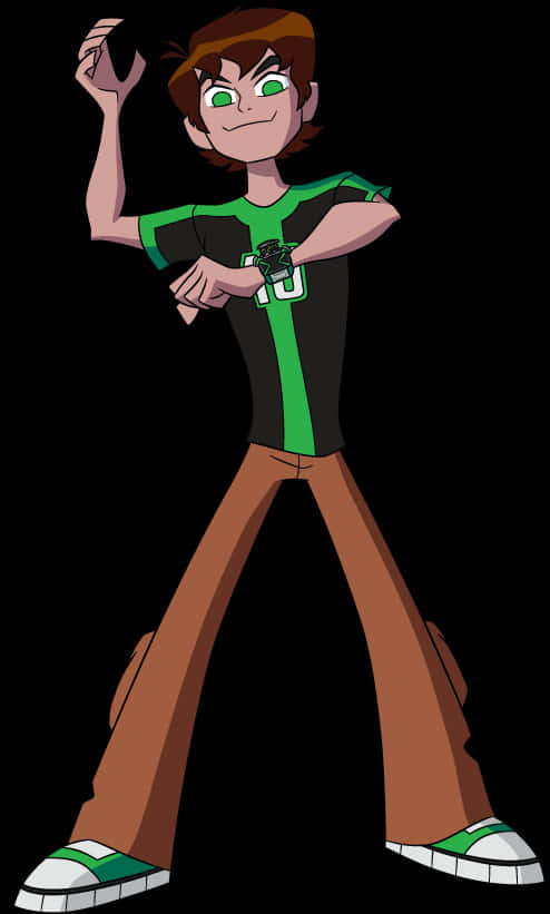 Ben10 英雄姿態 壁紙 — 一個自信的動畫青少年，穿著綠色和黑色襯衫，發光的眼睛和手腕裝置，背景為黑色。