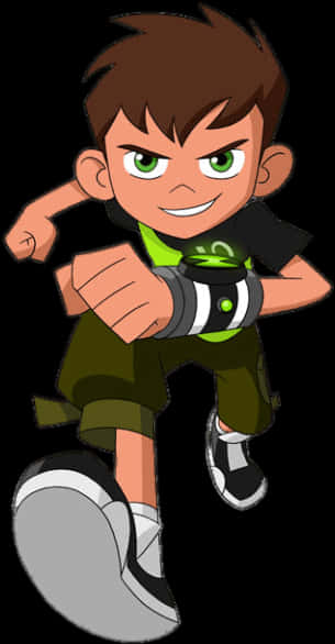 Ben10準備行動 壁紙 — 一個充滿活力的卡通男孩，擁有綠色眼睛和棕色頭髮，在黑色背景前擺出英雄姿勢。
