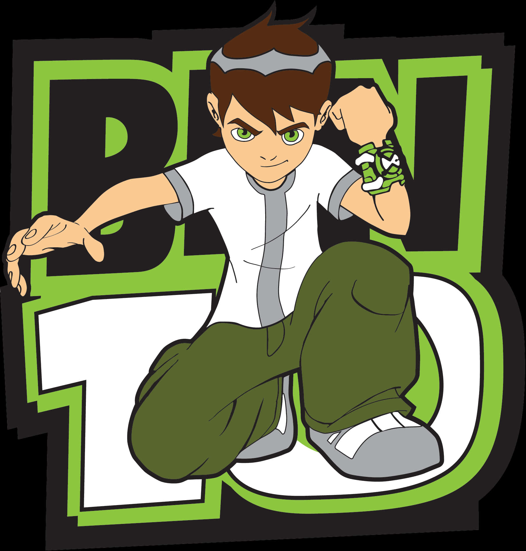Ben10坐於標誌上 壁紙 — 一個自信的卡通男孩，擁有綠色眼睛和手腕裝置，在醒目的綠色和黑色「BEN 10」標誌前擺姿勢。