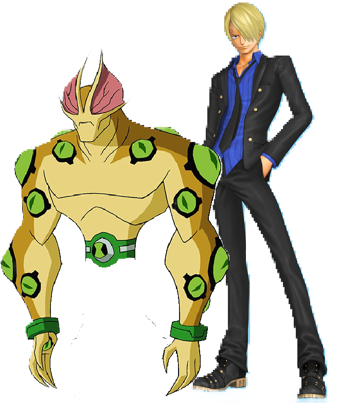 動畫角色山治與Ben10 壁紙 — 一個肌肉發達、有綠色斑點的外星人站在一個穿黑色西裝的金髮男人旁邊，背景是黑色。