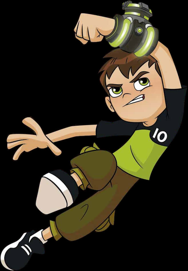 Ben10啟動Omnitrix 壁紙 — 一個卡通男孩，綠色眼睛，穿著黑色襯衫（號碼10），在黑色背景前彎曲手臂，手持發光綠色手腕裝置。