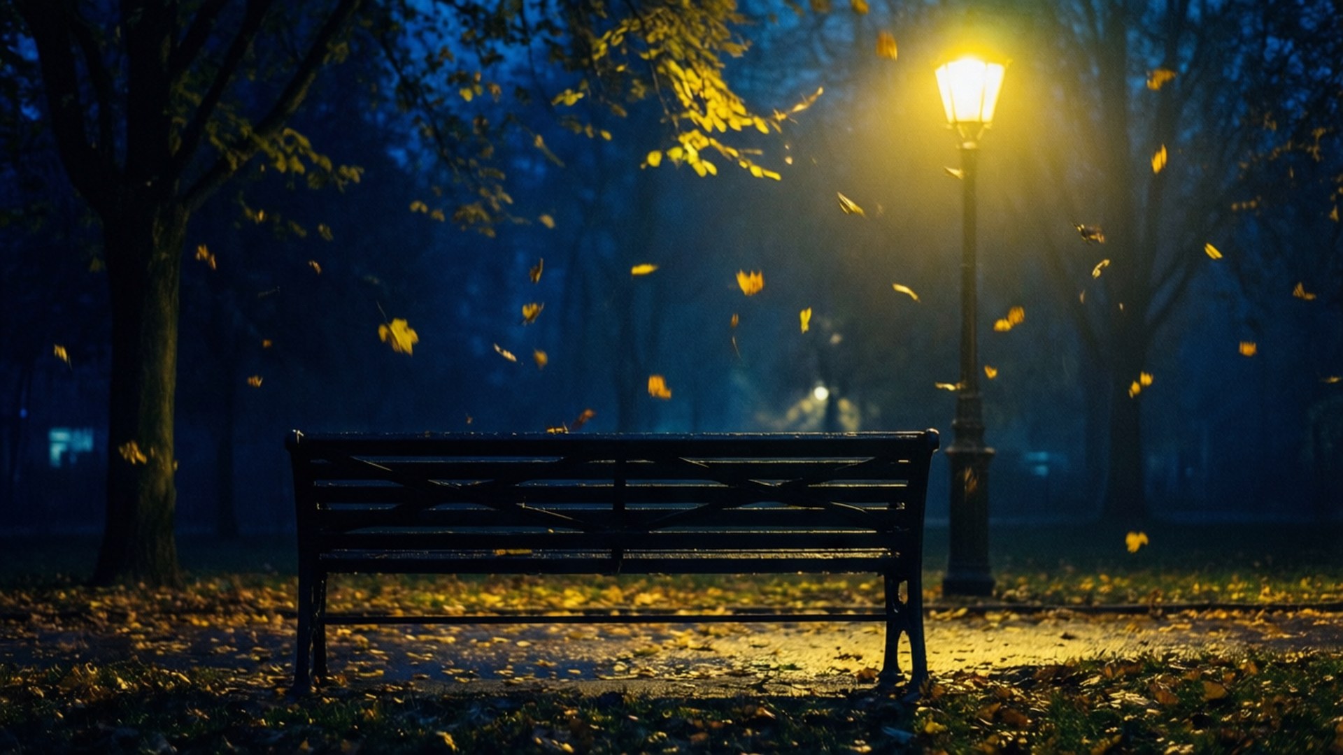 夜晚發光的街燈下，一張黑暗的公園長椅和飄落的黃葉。