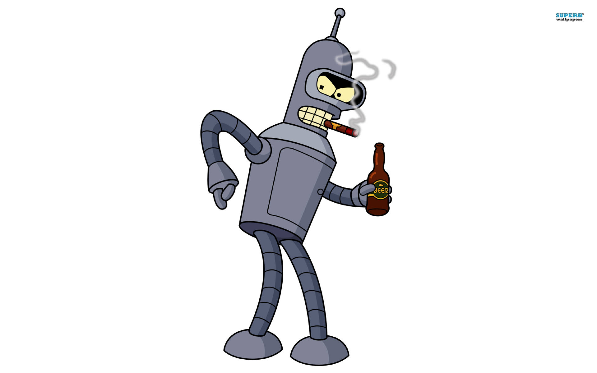 《飛出個未來》Bender 手持啤酒瓶 壁紙 — 一個卡通機械人，手持雪茄和啤酒瓶，在純白色背景前悠閒地抽煙。