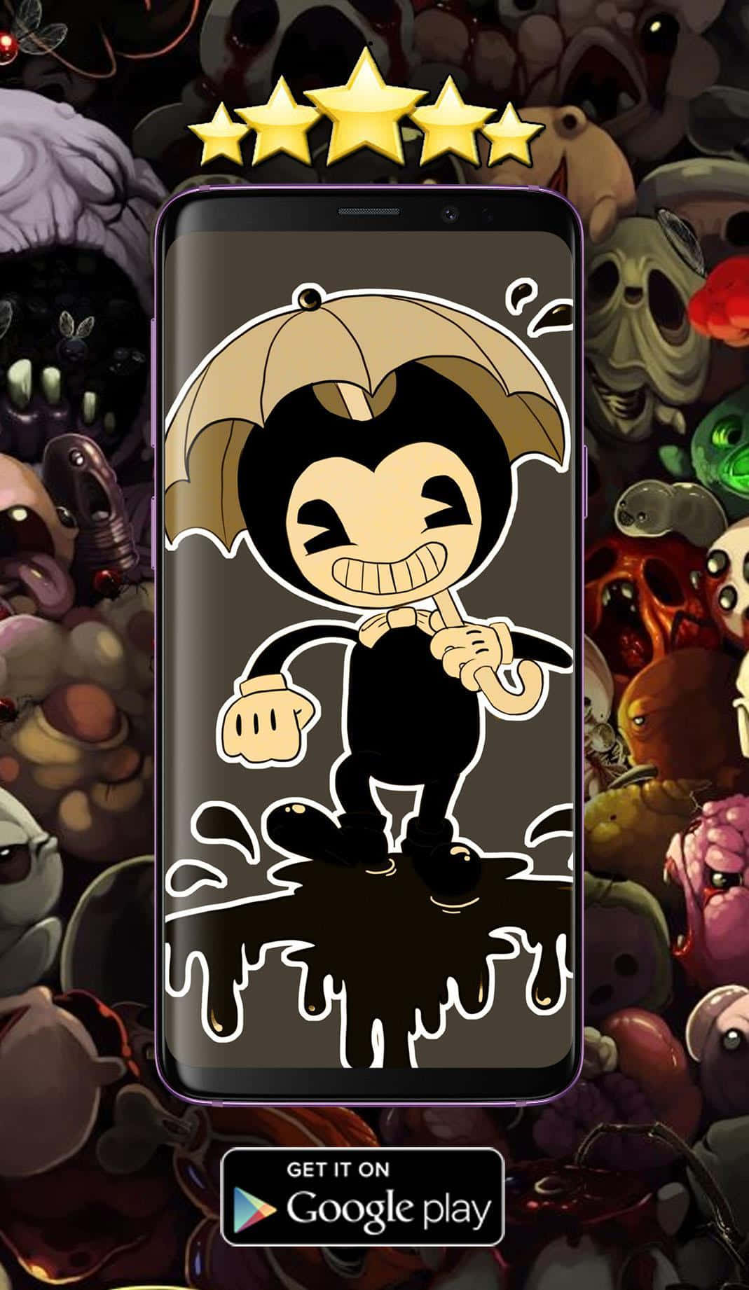 Bendy and the Ink Machine - 擴展想像力的力量 壁紙 — 一個卡通角色咧嘴大笑，在手機屏幕的泥水中撐著雨傘，周圍環繞著怪誕的怪物。