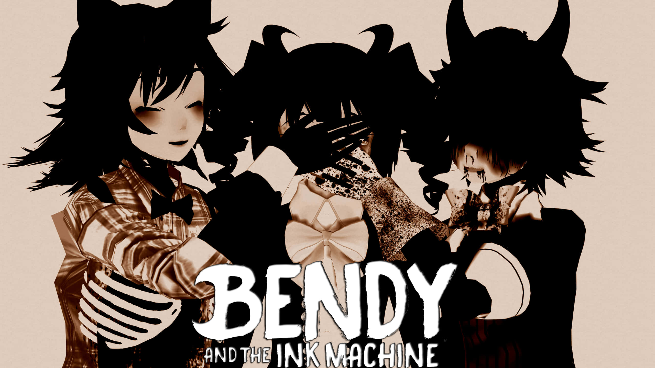 Bendy And The Ink Machine 數位藝術 壁紙 — 三個風格化的動漫角色，有角和深色頭髮，擠在一起，在一個棕褐色調的插圖中，標題是 Bendy and the Ink Machine。