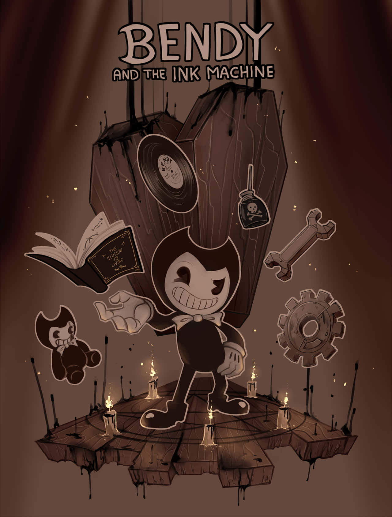 《Bendy and the Ink Machine》遊戲海報 壁紙 — Bendy 站在木製平台上，周圍環繞著蠟燭、齒輪和墨水工藝品，呈現深色懷舊色調的插圖。