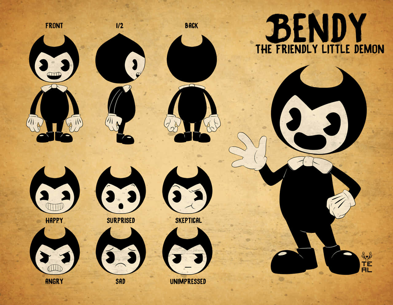 進入《Bendy and the Ink Machine》的恐怖世界 壁紙 — 友善小惡魔 Bendy 的角色設計圖，在舊羊皮紙上展示正面和背面視圖以及六種面部表情。
