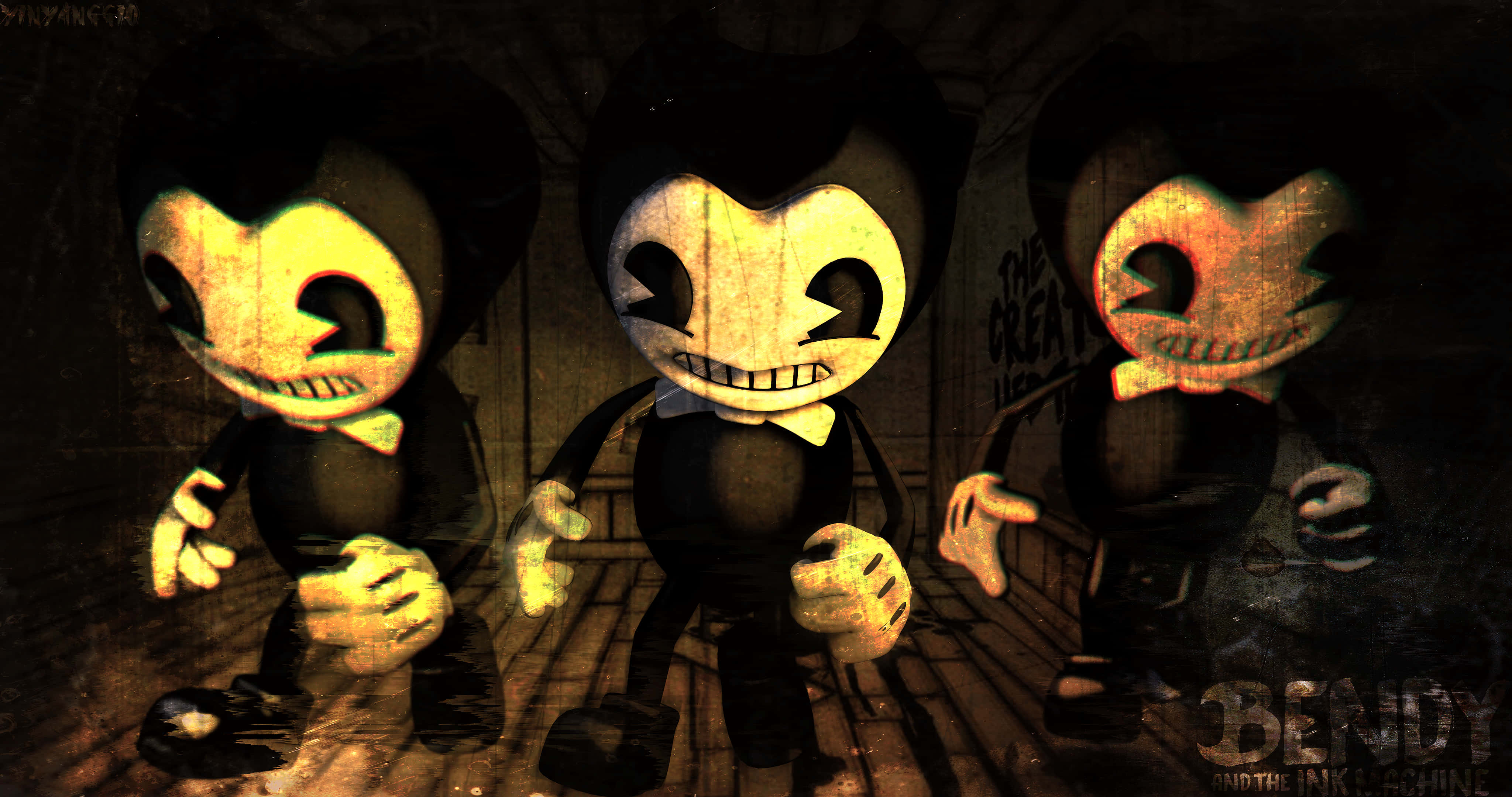 《Bendy and the Ink Machine》中的成功步驟 壁紙 — 三個令人毛骨悚然的 Bendy 電子動畫人物，眼睛發光，咧嘴而笑，站在燈光昏暗、骯髒的工業走廊裡。