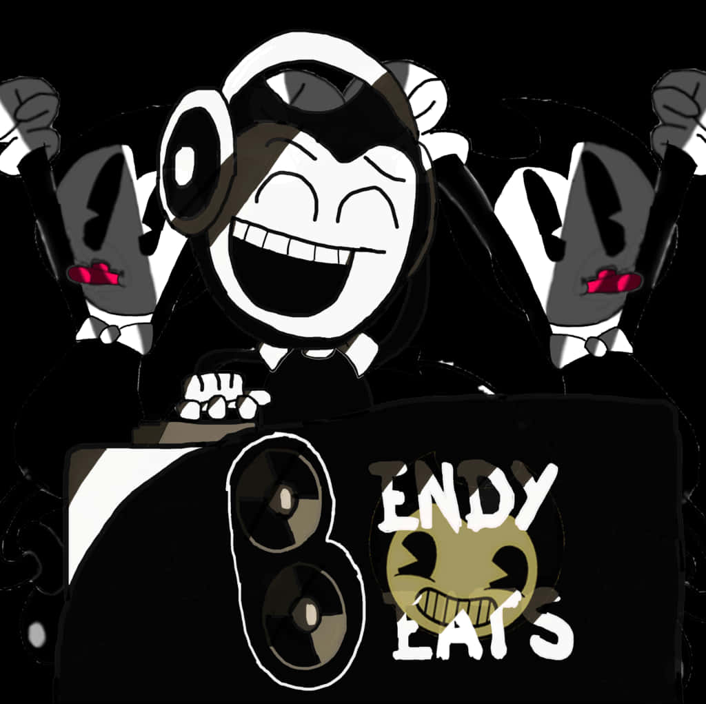 體驗《Bendy and the Ink Machine》的恐怖氛圍 壁紙 — 一個戴住耳機嘅卡通角色喺標有 'ENDY BEATS' 嘅DJ台後面狂笑，兩邊有兩個骷髏人物。