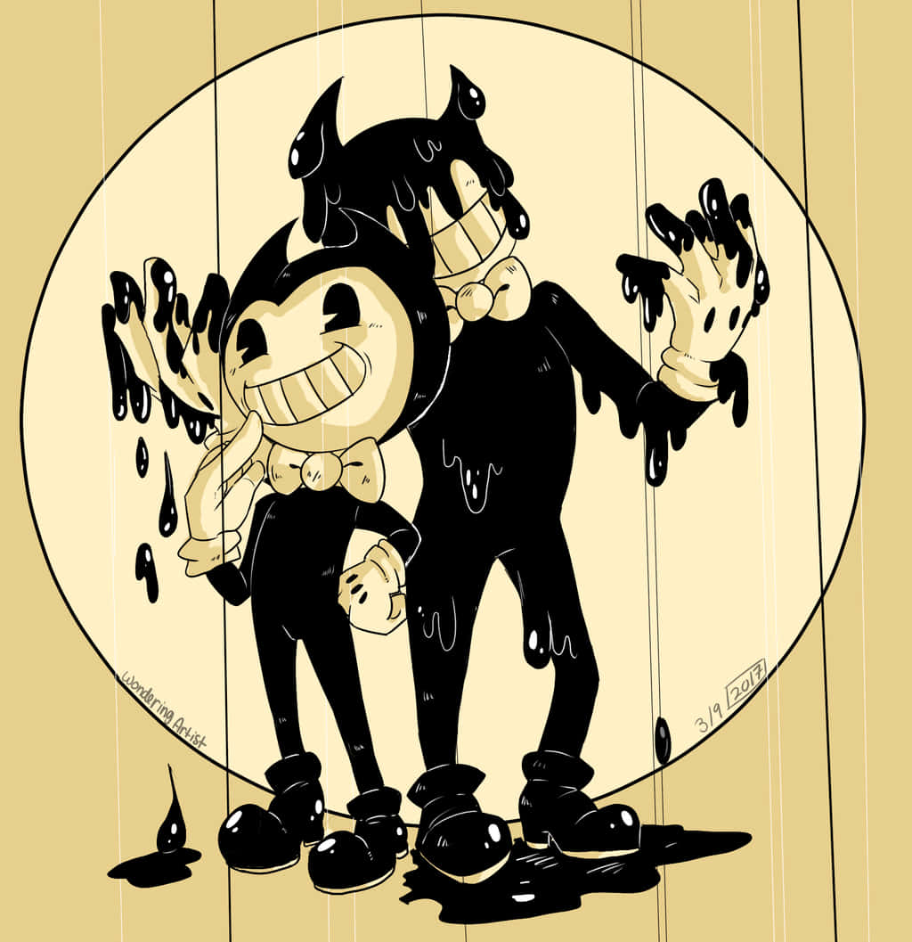 可愛卡通角色《Bendy與墨水機》中的Joey Drew 壁紙 — 兩個卡通人物身上滴著黑色黏液，站在米色背景的圓形框架內。