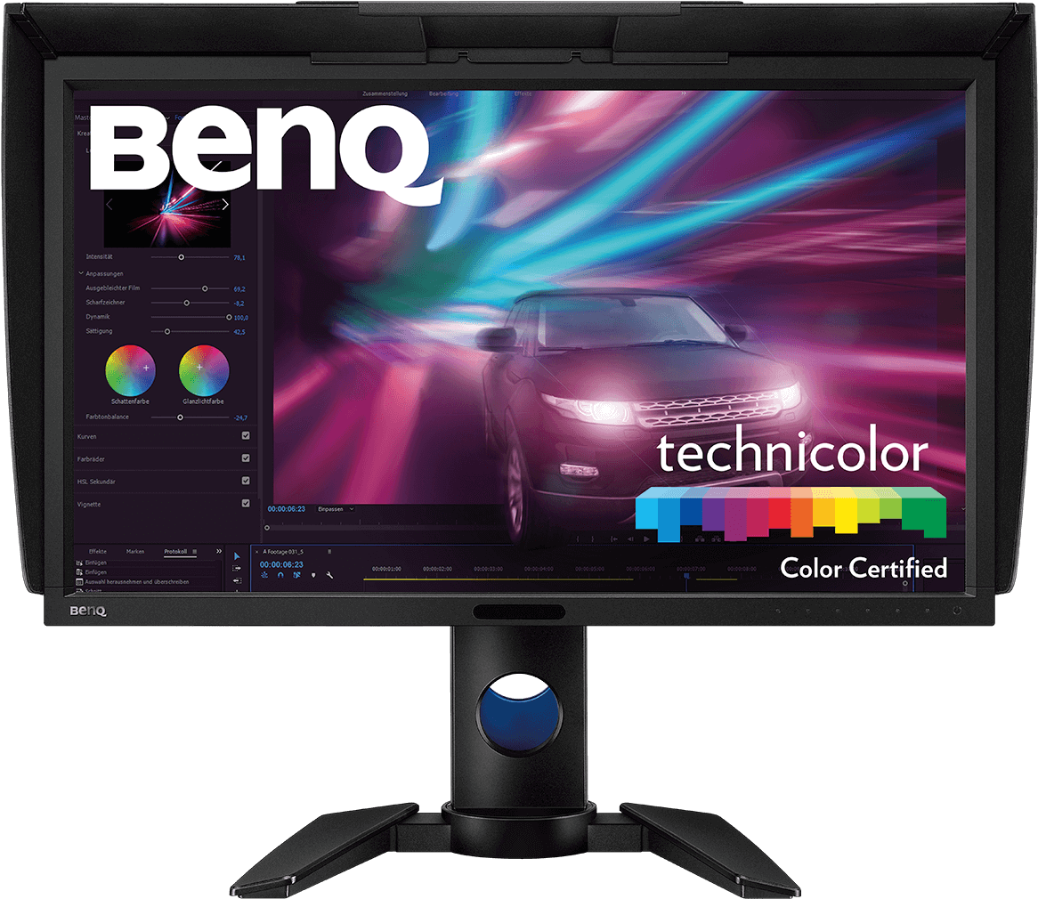BenQ 色彩認證顯示器 壁紙 — BenQ 顯示器展示了一張充滿活力的 Technicolor 認證汽車桌布，在深色背景上有動態的紫色、藍色和粉紅色光條。