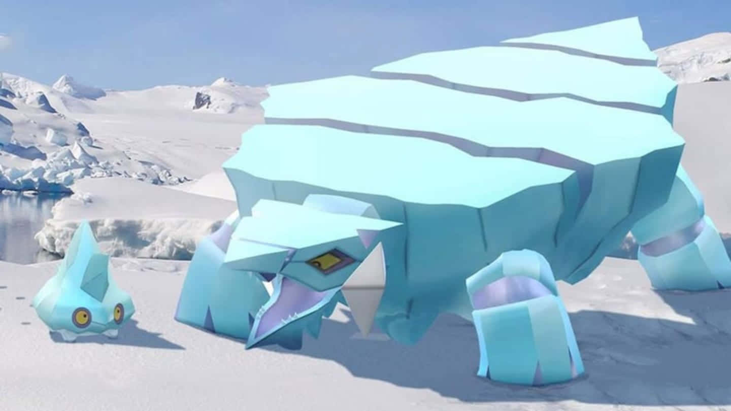 兩個冰屬性寶可夢在白雪皚皚的北極環境中，有冰山和晴朗的天空。
