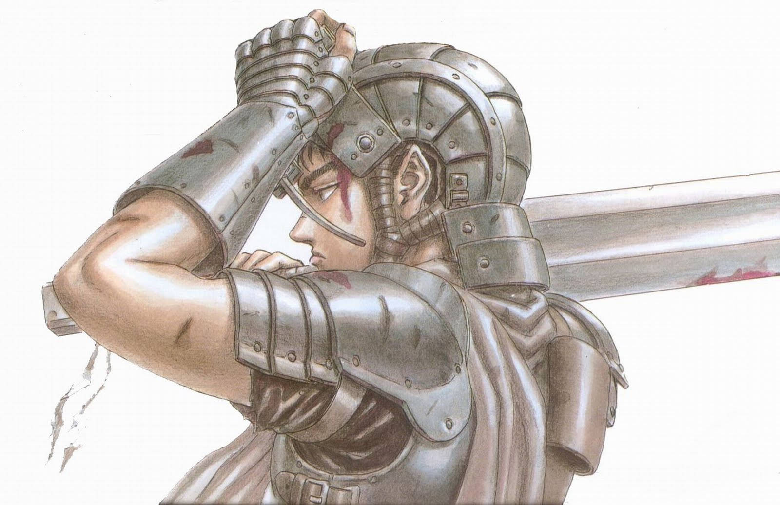 Berserk 4K Casca 穿著盔甲 壁紙 — 一個疲憊的盔甲戰士，滿臉鮮血，劍掛在肩上，戴著手套的手托著頭休息。