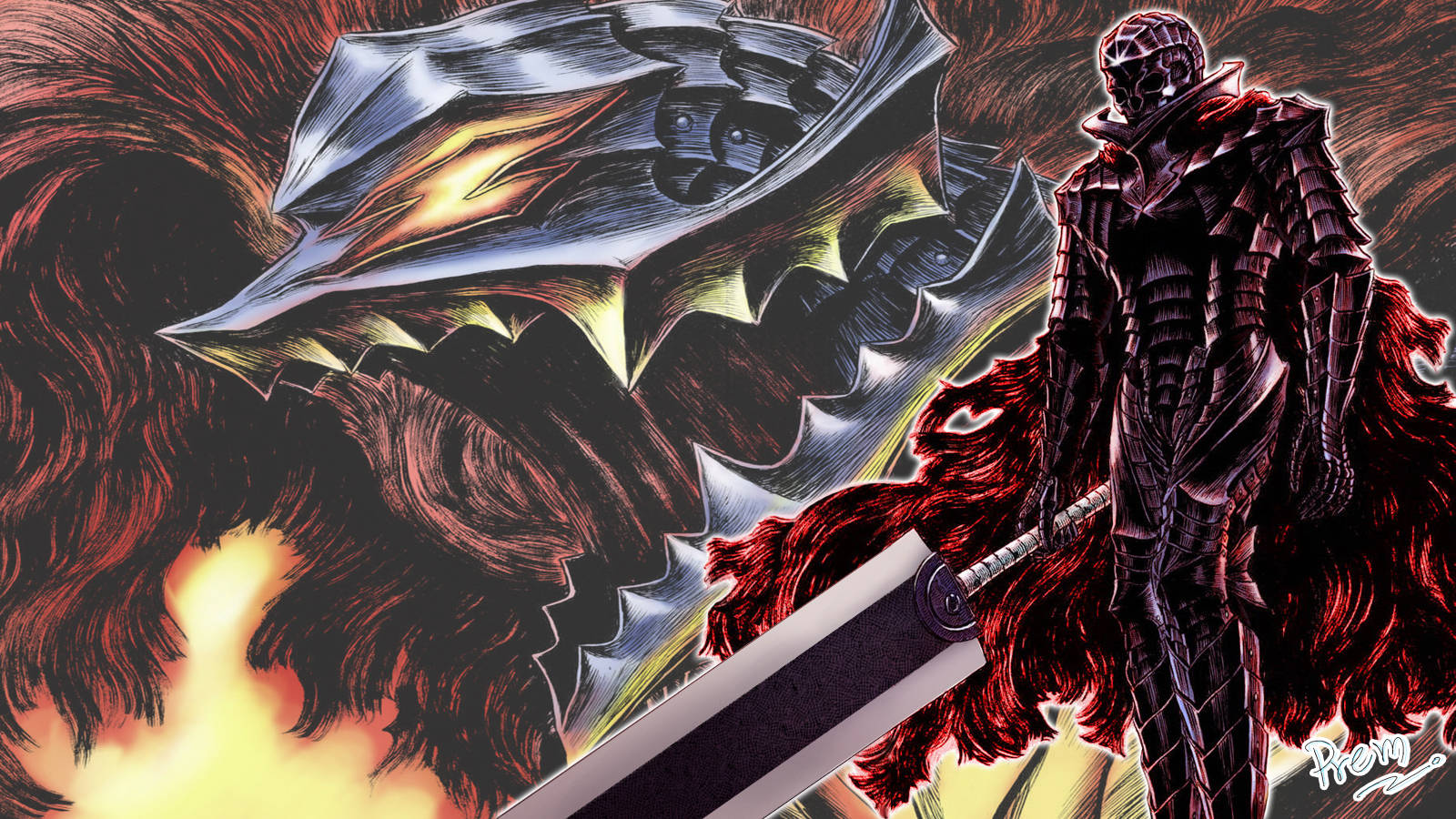 Berserk 4K Guts 穿著狂戰士盔甲 壁紙 — 一名黑暗裝甲戰士揮舞著巨劍，對抗一隻眼睛發光、噴吐火焰的巨龍。