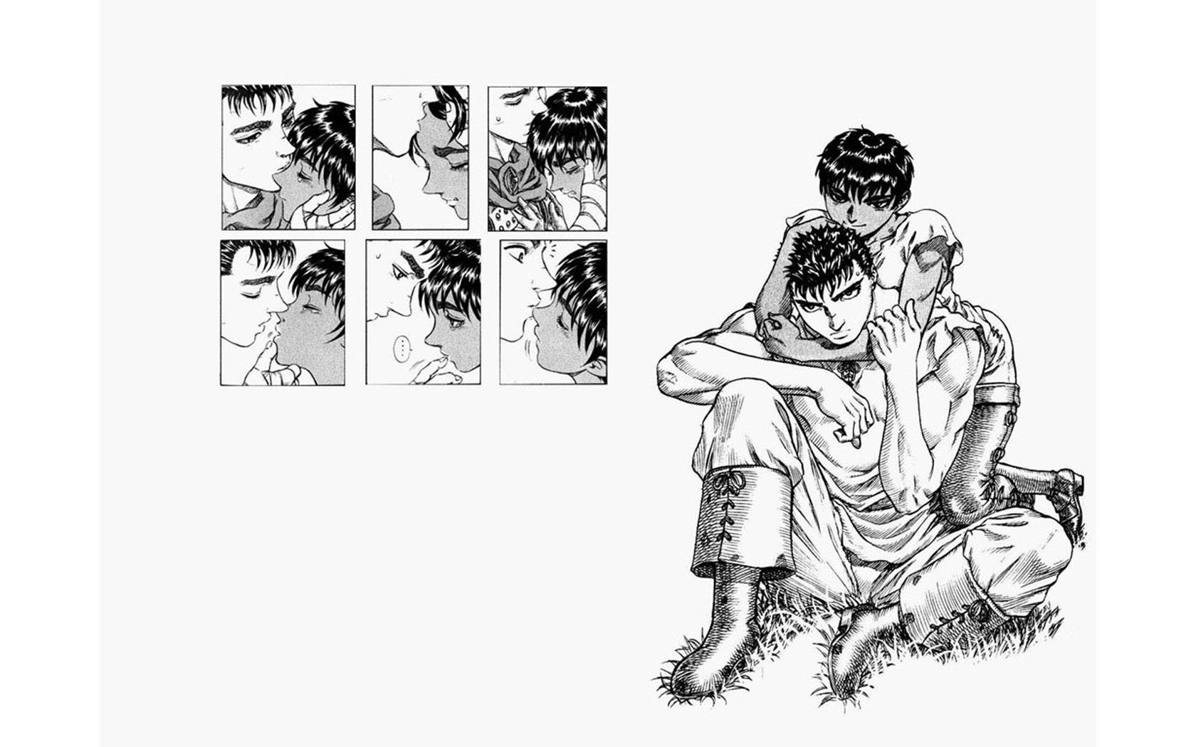 Berserk 4K Guts 與 Casca 壁紙 — 一個黑白漫畫面板顯示兩個男孩在草地上擁抱，上方網格中有親密的特寫鏡頭。
