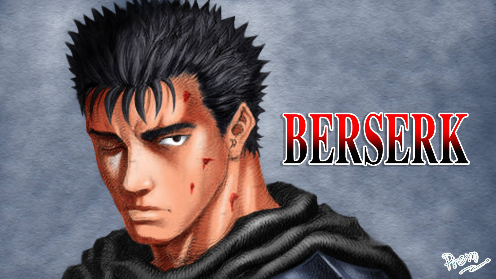 Berserk 4K Guts 面部受傷 壁紙 — 一幅粗獷的動畫肖像，描繪一位渾身是血的戰士，擁有尖刺般的黑髮和銳利的眼神，背景為灰色紋理，並以粗體紅色和黑色字體寫著「BERSERK」。