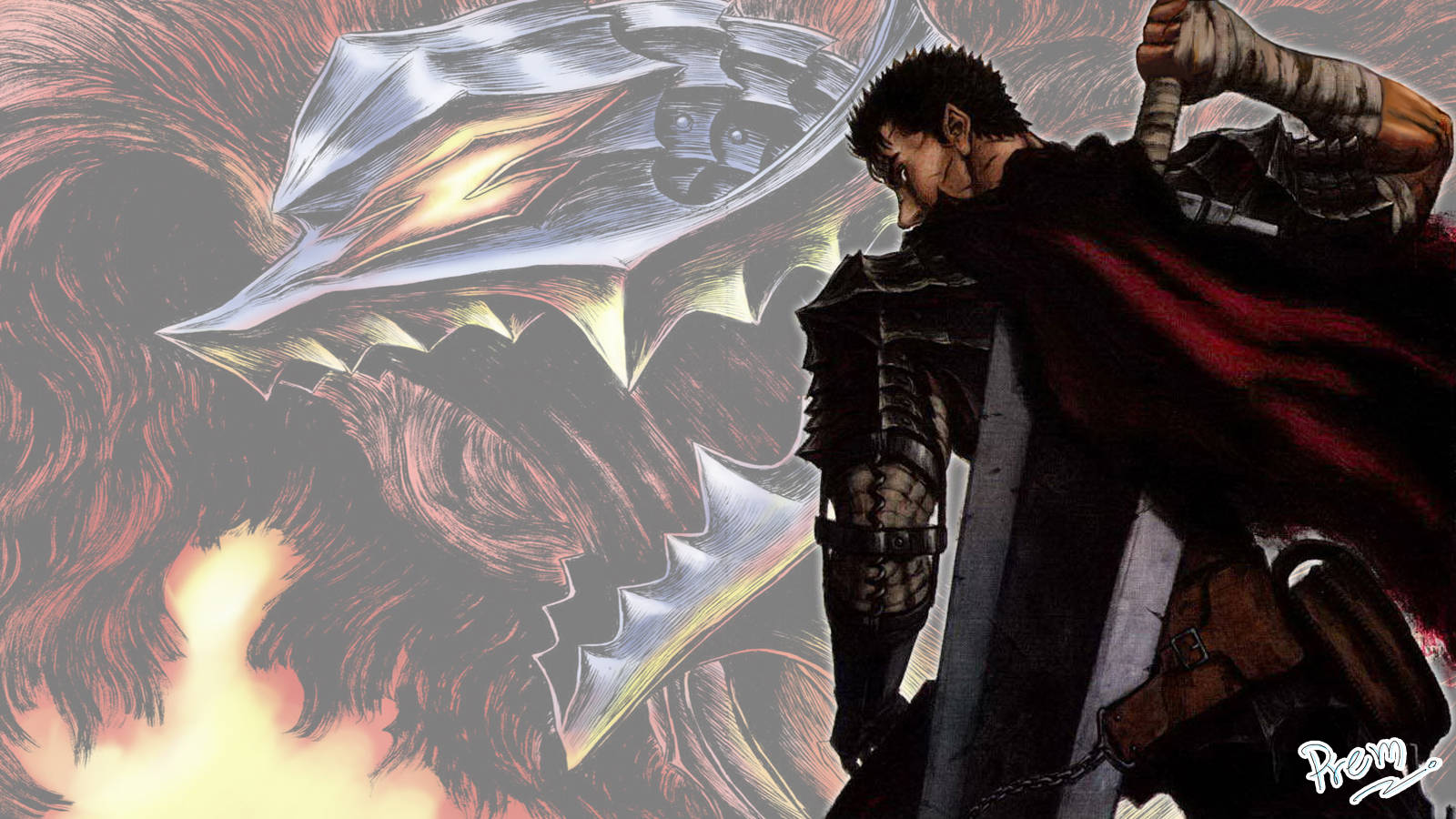 Berserk 4K Guts 背負巨劍 壁紙 — 一名身穿暗色盔甲和紅色斗篷的戰士，挑釁地對抗一隻擁有發光眼睛和鋸齒翅膀的怪獸。