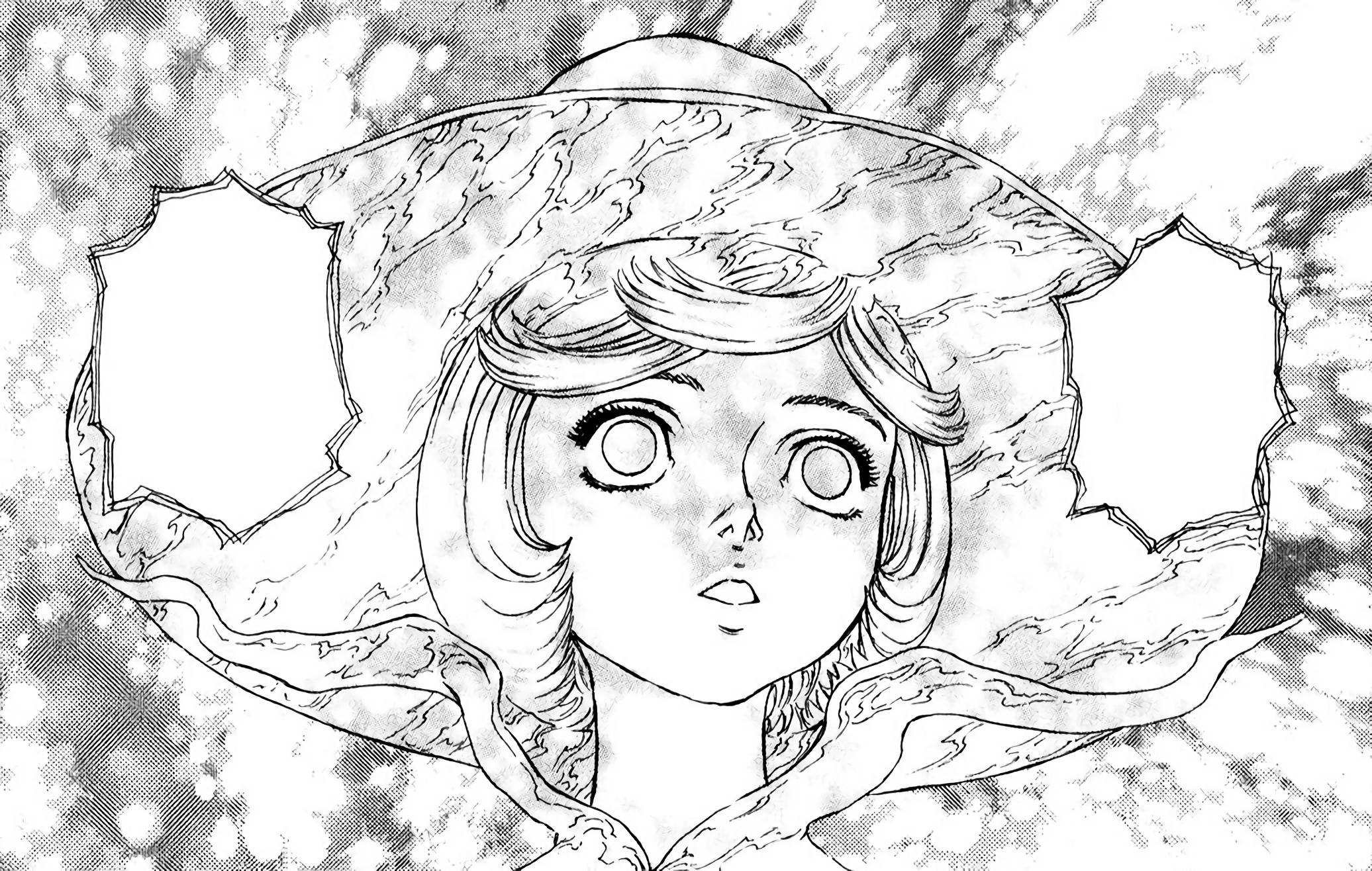 Berserk 4K：希爾克 壁紙 — 一個受驚的動漫女孩睜大眼睛，透過旋轉宇宙背景中的鋸齒狀裂縫窺視。