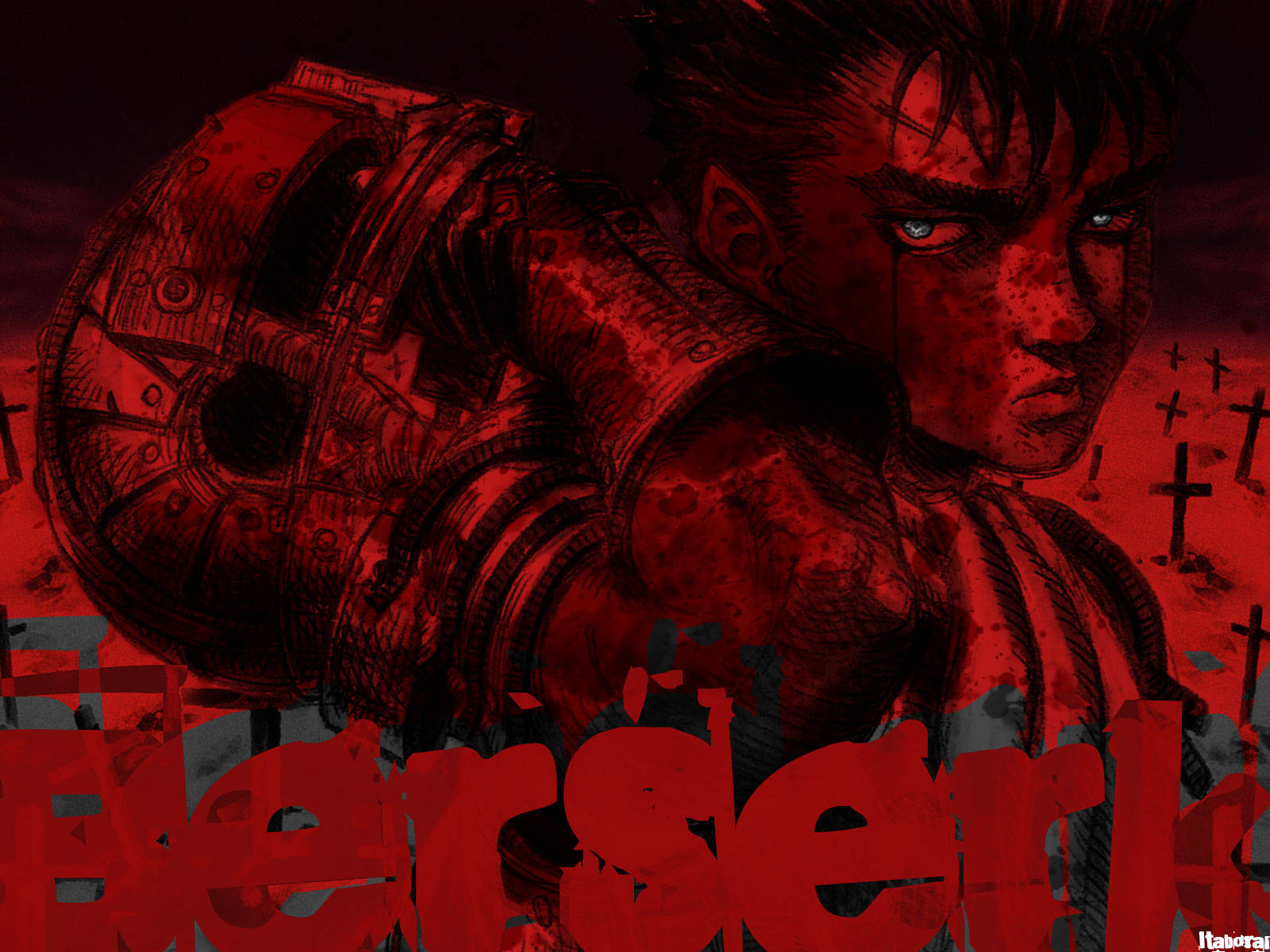 Berserk 4K：格斯單色紅裝 壁紙 — 一名兇猛的狂戰士戰士，擁有機械手臂，在血紅色的戰場背景下凝視著。
