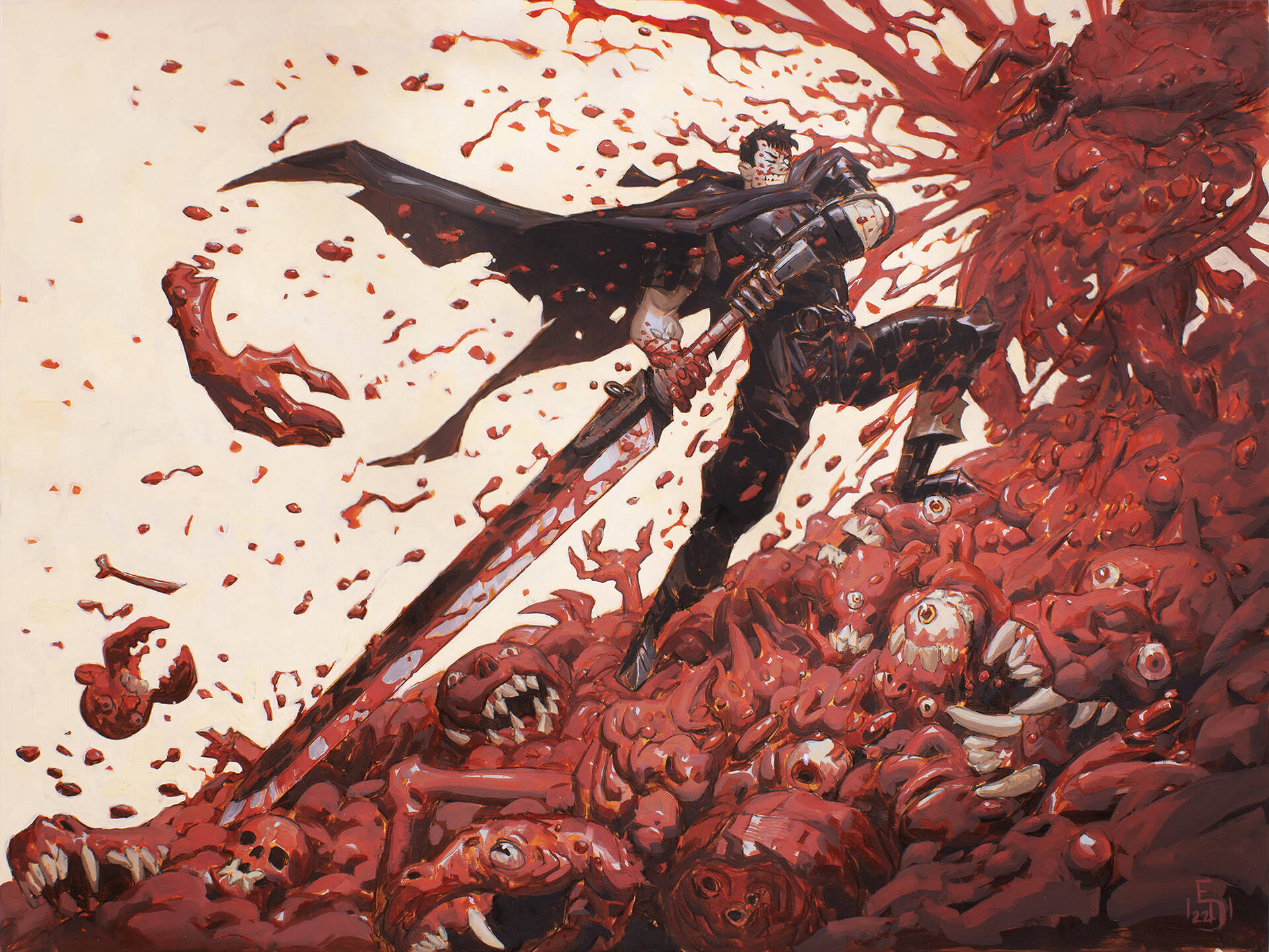 Berserk 4K：格斯激烈戰鬥 壁紙 — 一名身穿黑衣的戰士在蒼白的背景下，揮舞著一把巨劍穿過一片紅色的血肉之海。