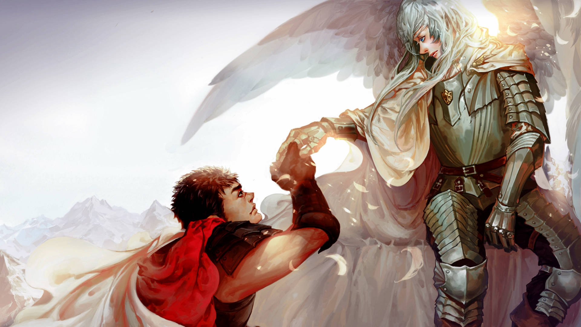 Berserk 4K：格斯與格里菲斯手牽手 壁紙 — 一位身穿紅袍的戰士伸手觸碰一位擁有白色翅膀的裝甲天使，背景是白雪皚皚的山脈。