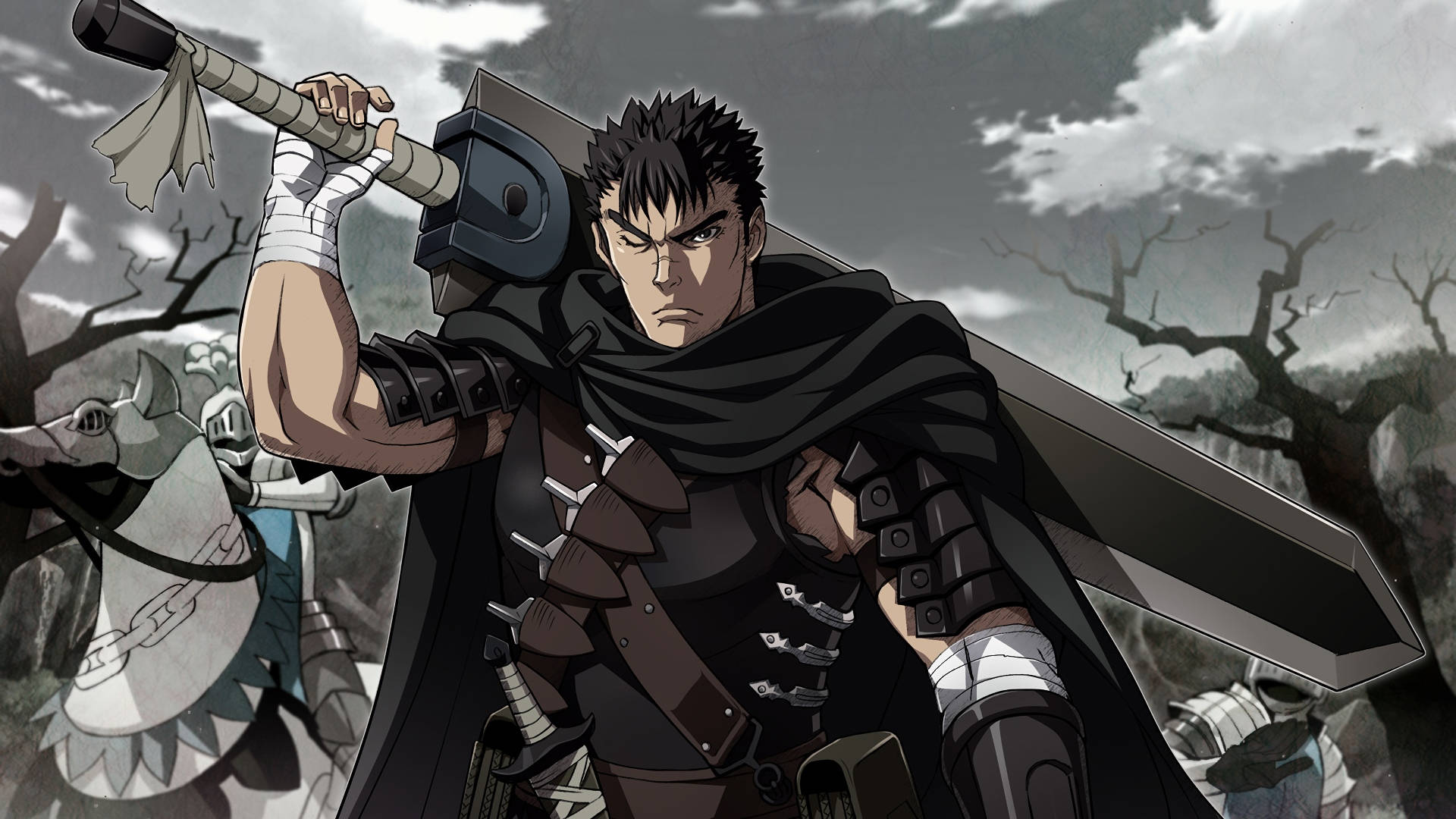 Berserk 4K：格斯身穿全副戰甲 壁紙 — 一個決心堅定的動漫戰士，有著尖刺頭髮和一把巨劍，站在陰暗荒蕪的森林中，周圍是骷髏般的樹木和暴風雨的天空。